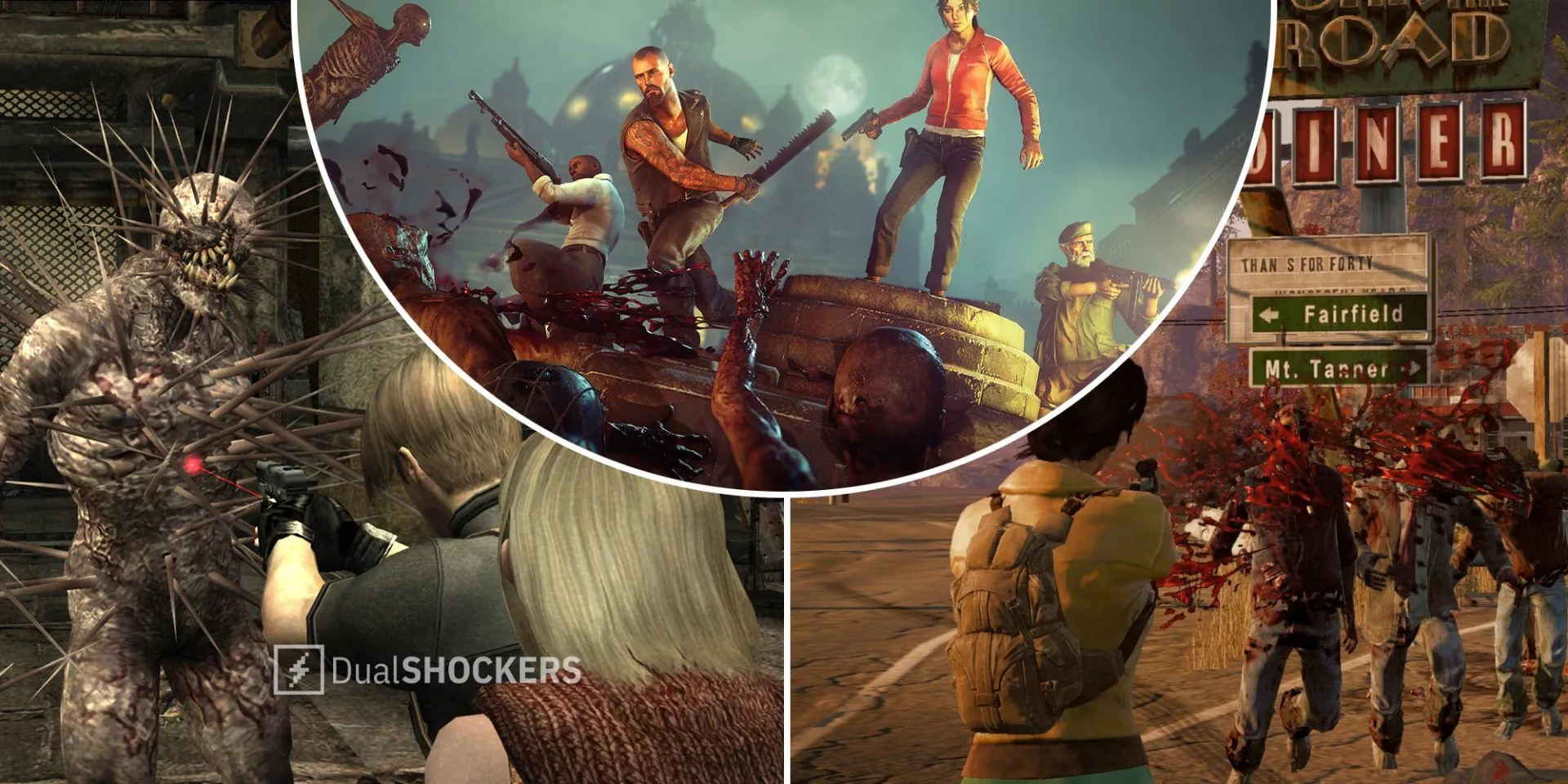 Nhiều hình ảnh game zombie: Leon S. Kennedy và Ashley Graham từ Resident Evil 4, một nhân vật Left 4 Dead bắn zombie từ trên xe, và một nhân vật State of Decay chiến đấu với bầy zombie đang đến gần