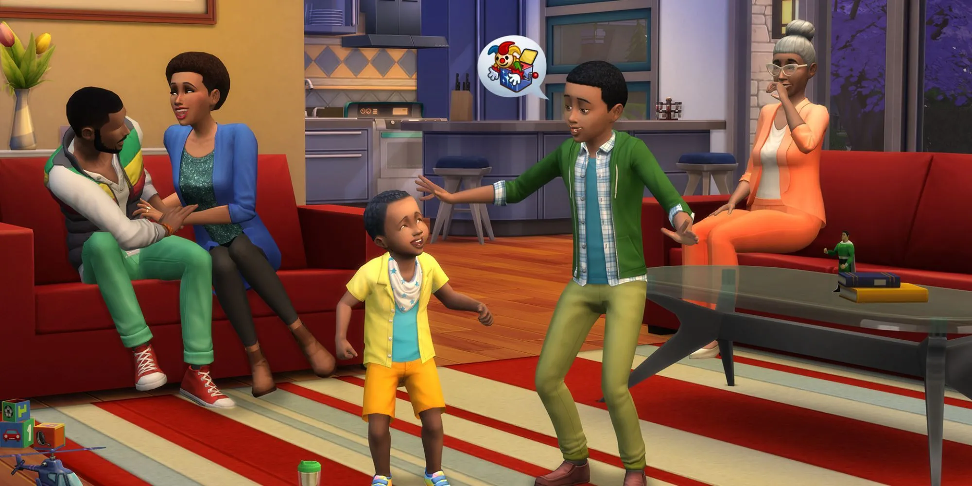 Nhóm nhân vật Sims đang vui vẻ trong một bữa tiệc tại gia The Sims 4