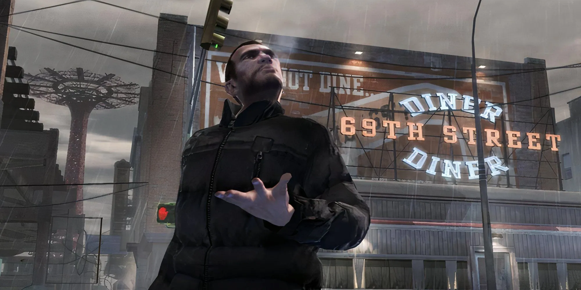 Niko Bellic trong Grand Theft Auto IV đứng ngoài trời và làm cử chỉ tay