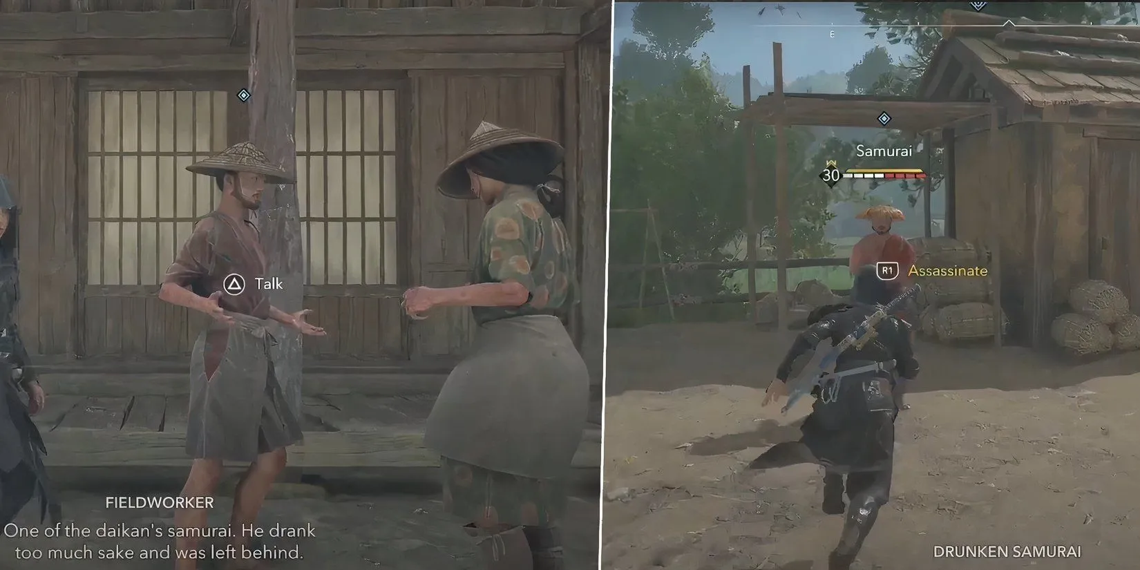 Nông dân than phiền và samurai say rượu trong nhiệm vụ Giá Gạo của AC Shadows