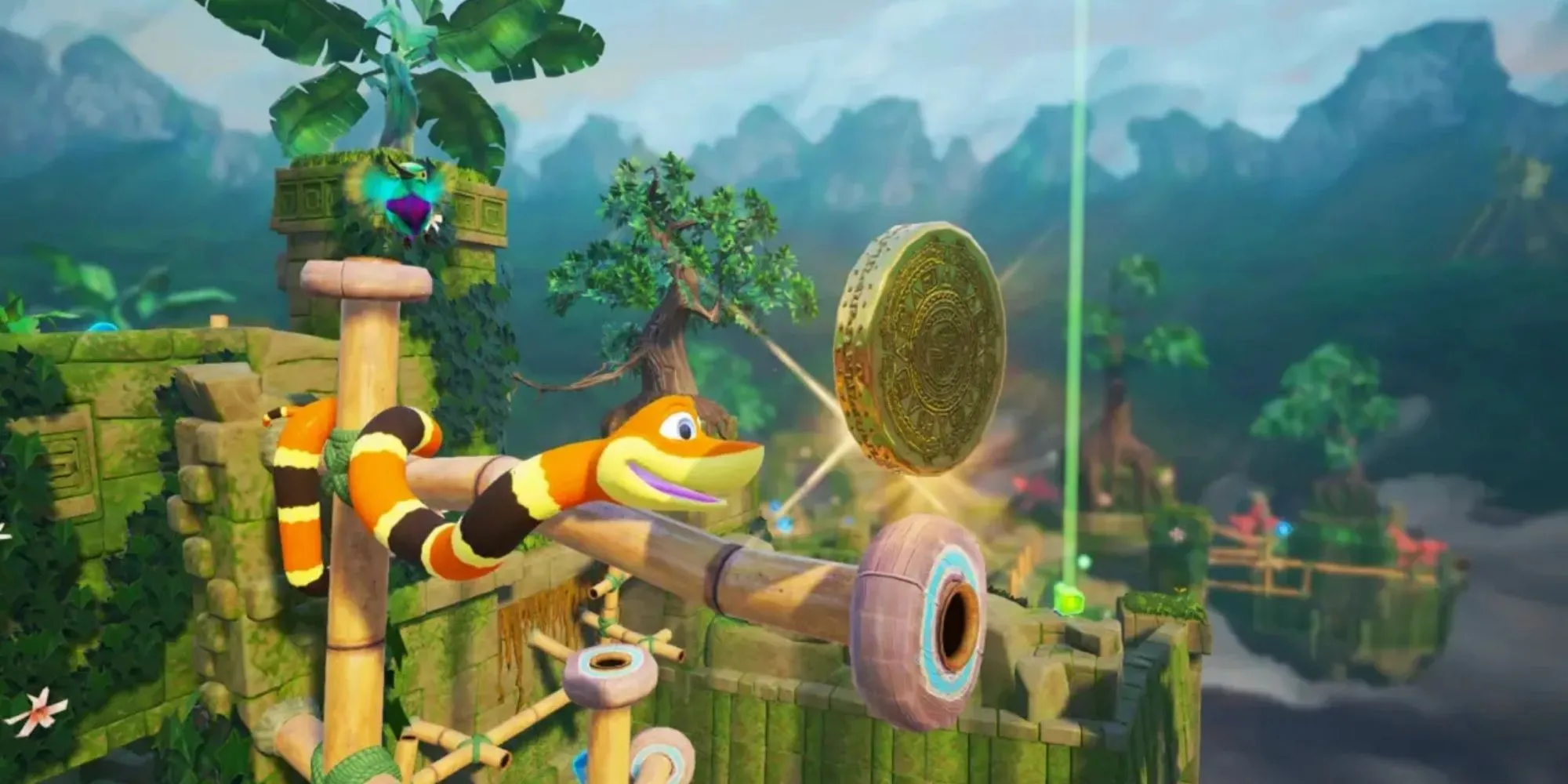 Noodle, chú rắn nhân vật chính trườn bò qua chướng ngại vật trong game Snake Pass