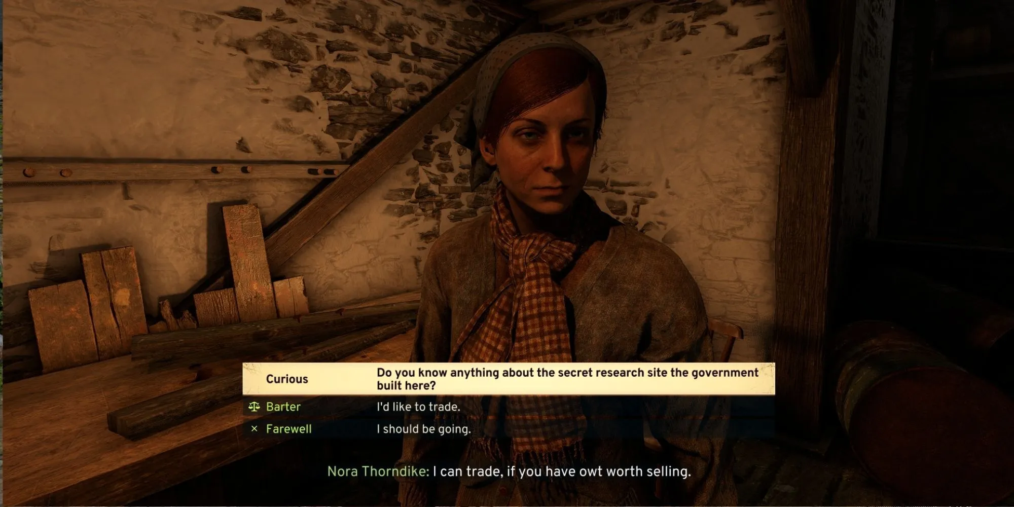 Nora, một NPC quan trọng trong Atomfall, đứng trong trang trại của cô ấy ở Sekethermoor, cung cấp thông tin về Signal Redirector.