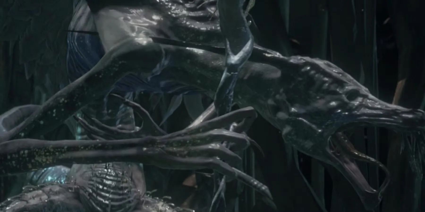 Oceiros, Vị Vua Sa Đọa, trong trạng thái điên cuồng ở Dark Souls 3 với những đòn tấn công khó lường