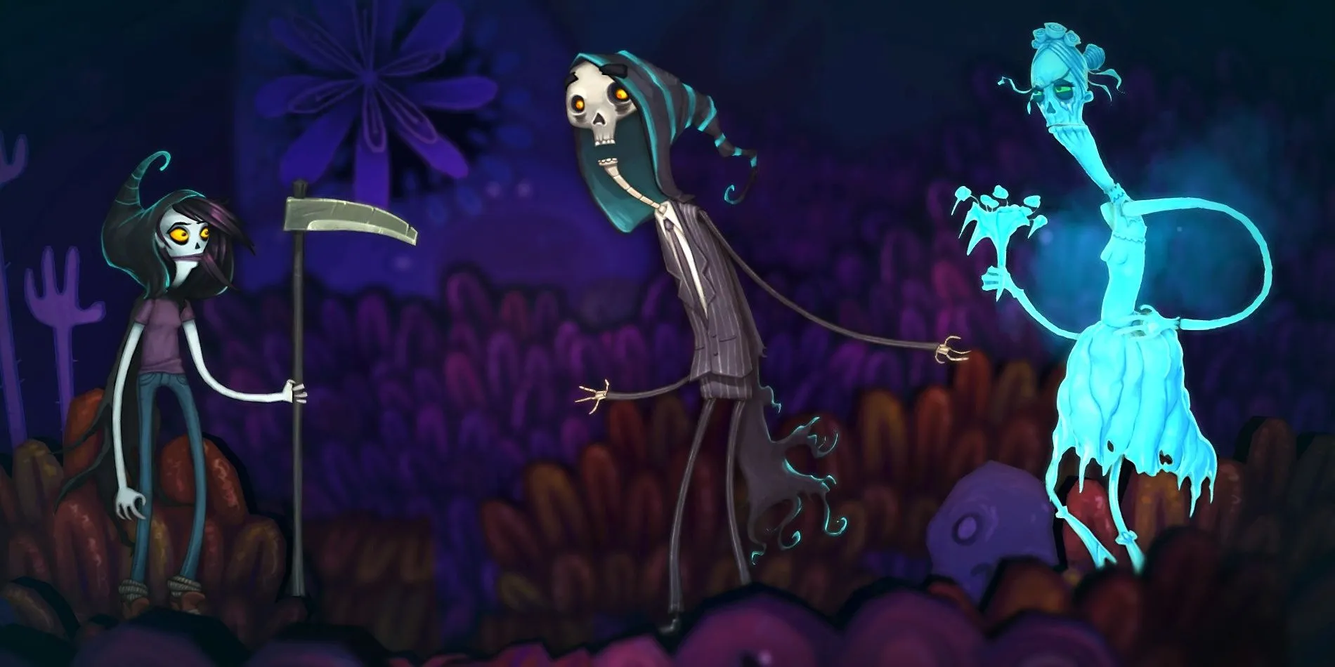 Penny nói chuyện với Thần Chết trong Flipping Death, một game platformer giải đố với chủ đề thế giới sau cái chết.