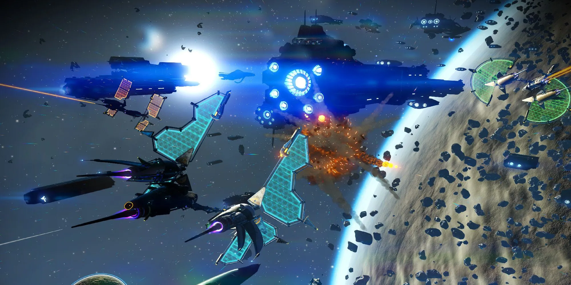 Phi thuyền của người chơi bay qua hành tinh trong thế giới mở của No Man's Sky