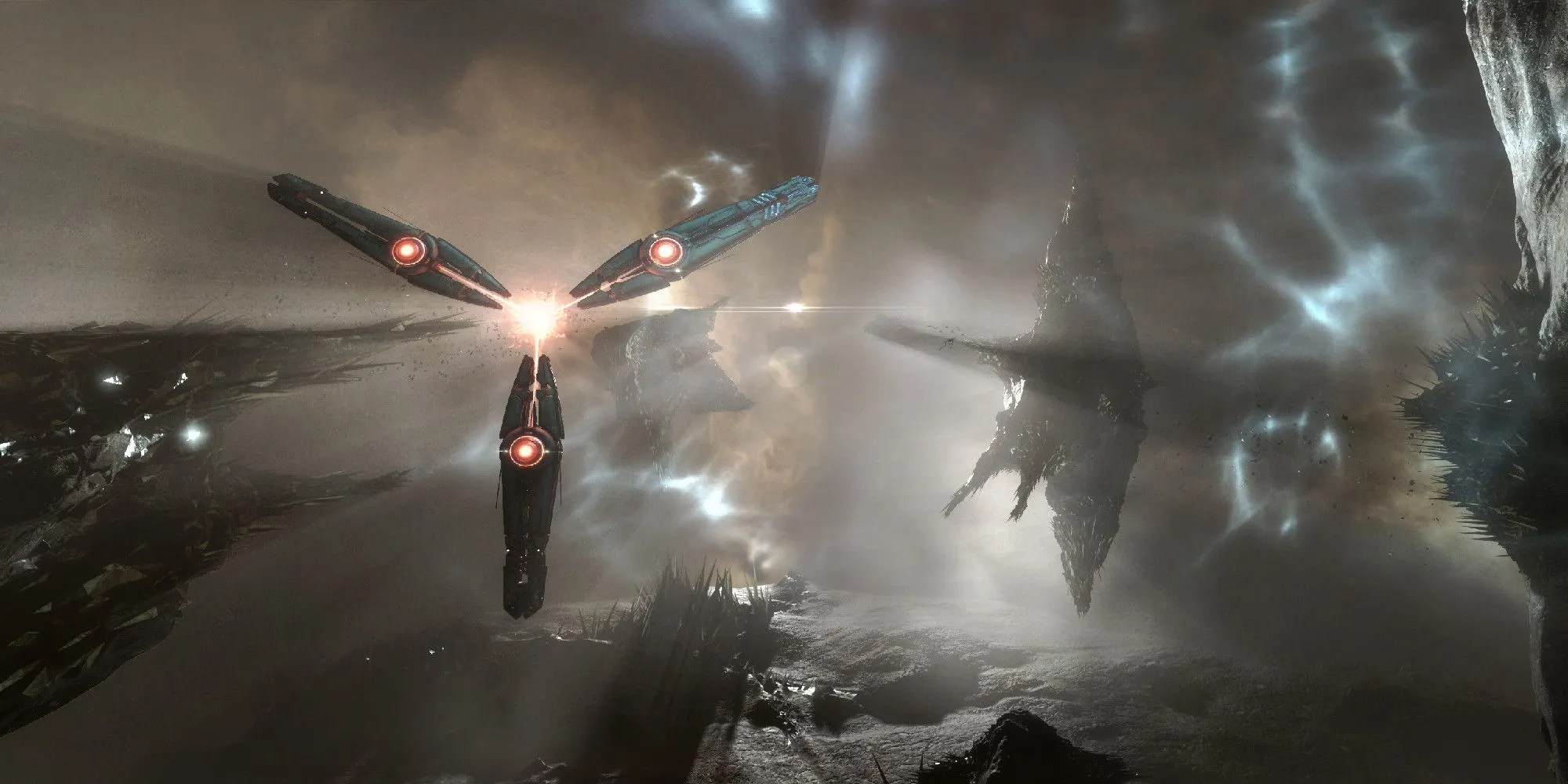 Phi thuyền người chơi tiến gần một tàu mẹ khổng lồ trong thế giới EVE Online