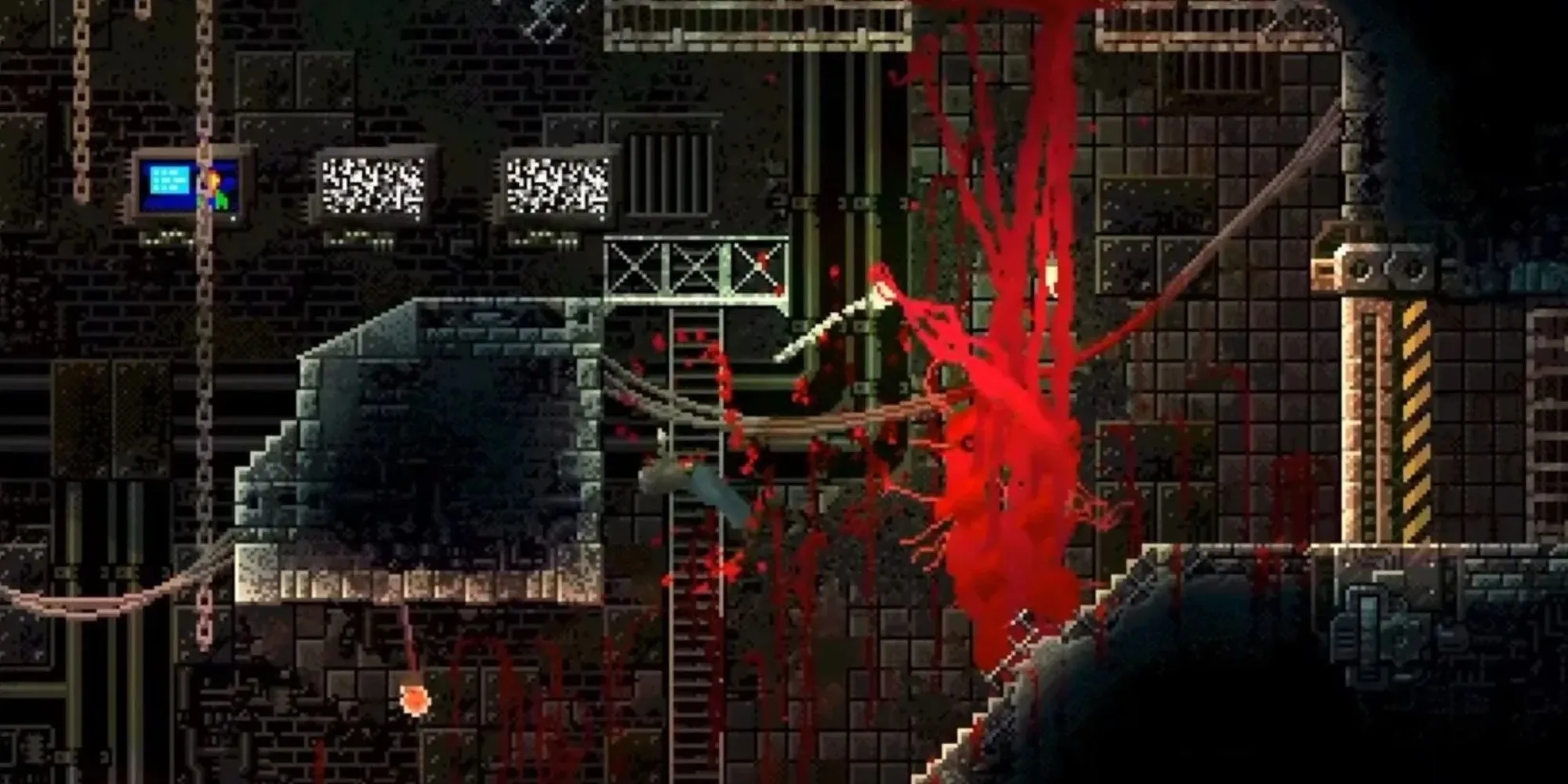 Quái vật trong game CARRION bò trên trần nhà, thay thế cho thao tác nhảy truyền thống