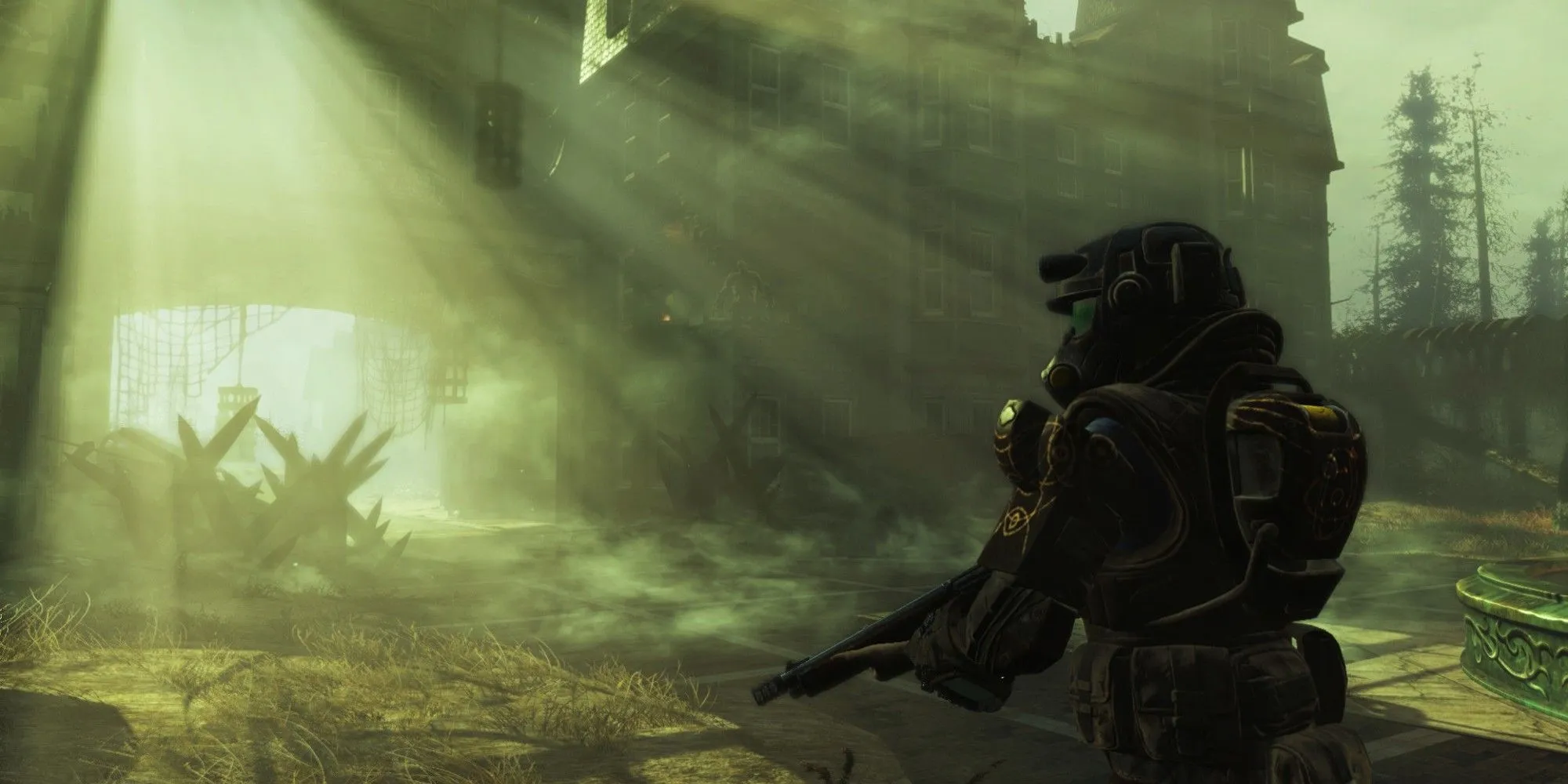 Quang cảnh đảo Far Harbor đầy sương mù trong bản DLC cùng tên của Fallout 4.