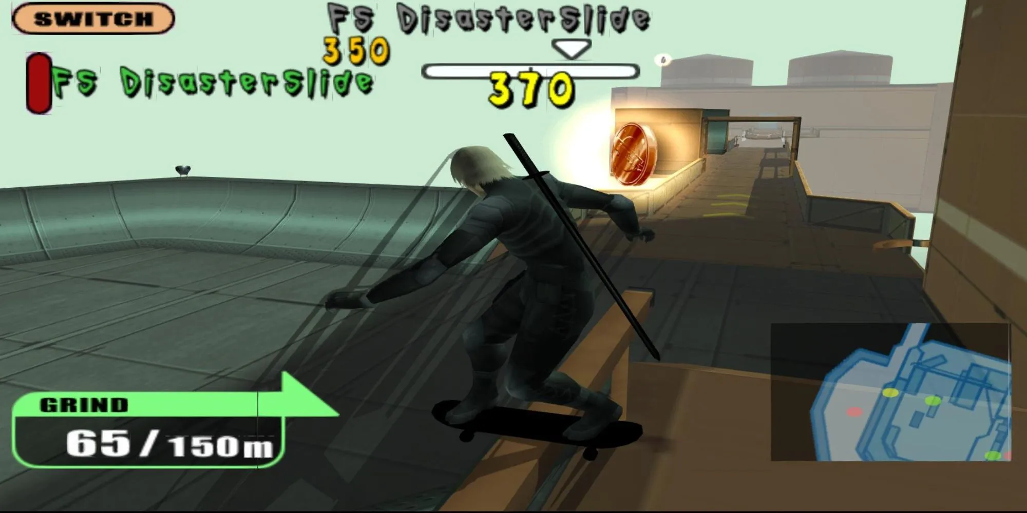 Raiden trượt ván điệu nghệ tại căn cứ Big Shell trong Metal Gear Solid 2 Substance Skate Level
