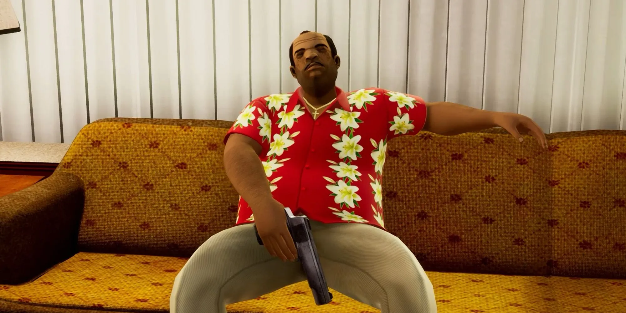 Ricardo Diaz, một trong những nhân vật GTA khó chịu nhất từ Vice City, đang ngồi trên ghế với vẻ mặt cau có