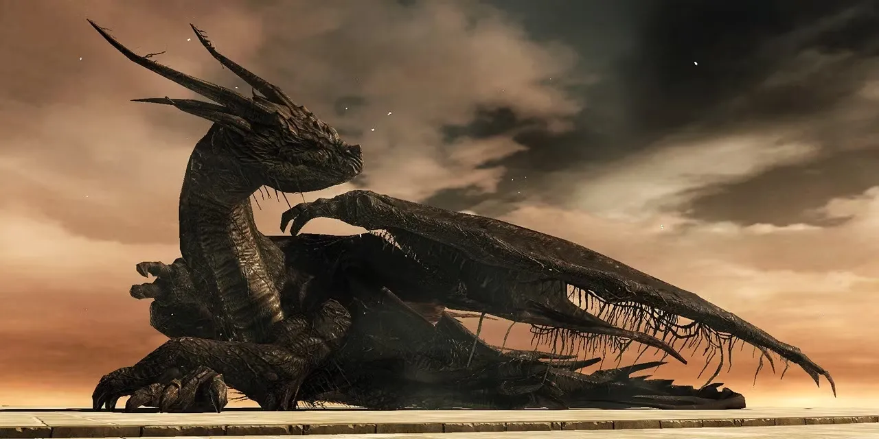 Rồng Cổ Đại trong Dark Souls 2 với lượng máu khổng lồ đứng sừng sững