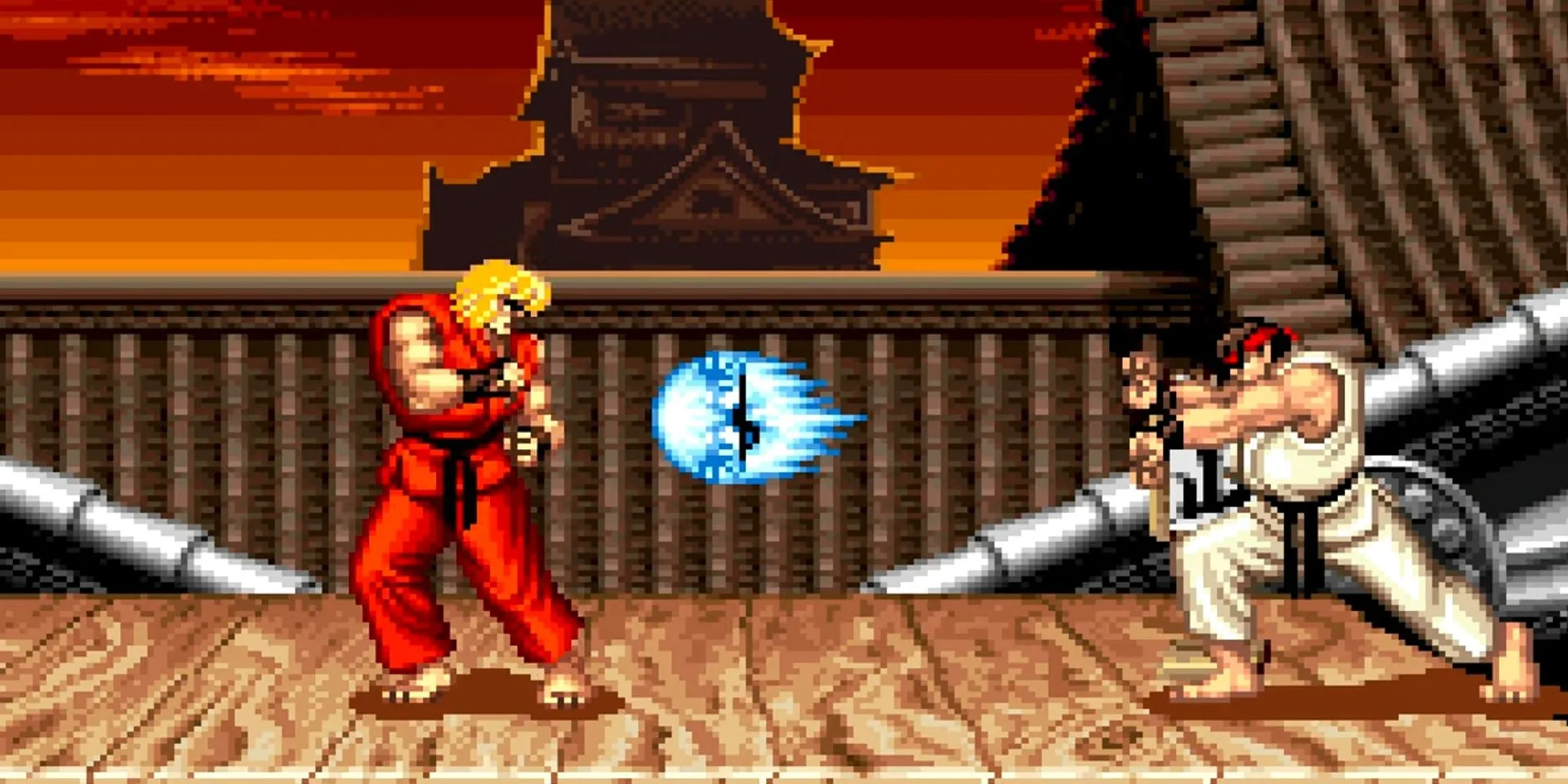 Ryu tung chiêu Hadouken trong trận đấu game Street Fighter 2