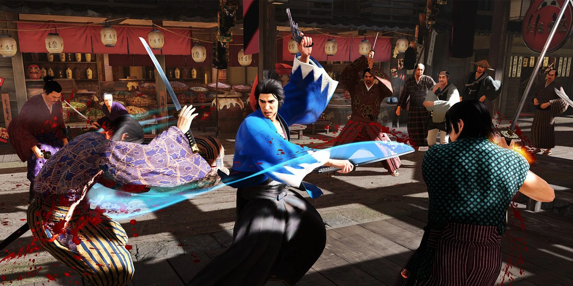 Sakamoto Ryoma trong Like a Dragon: Ishin! sử dụng kiếm và súng trong trận chiến đường phố đậm chất hành động.