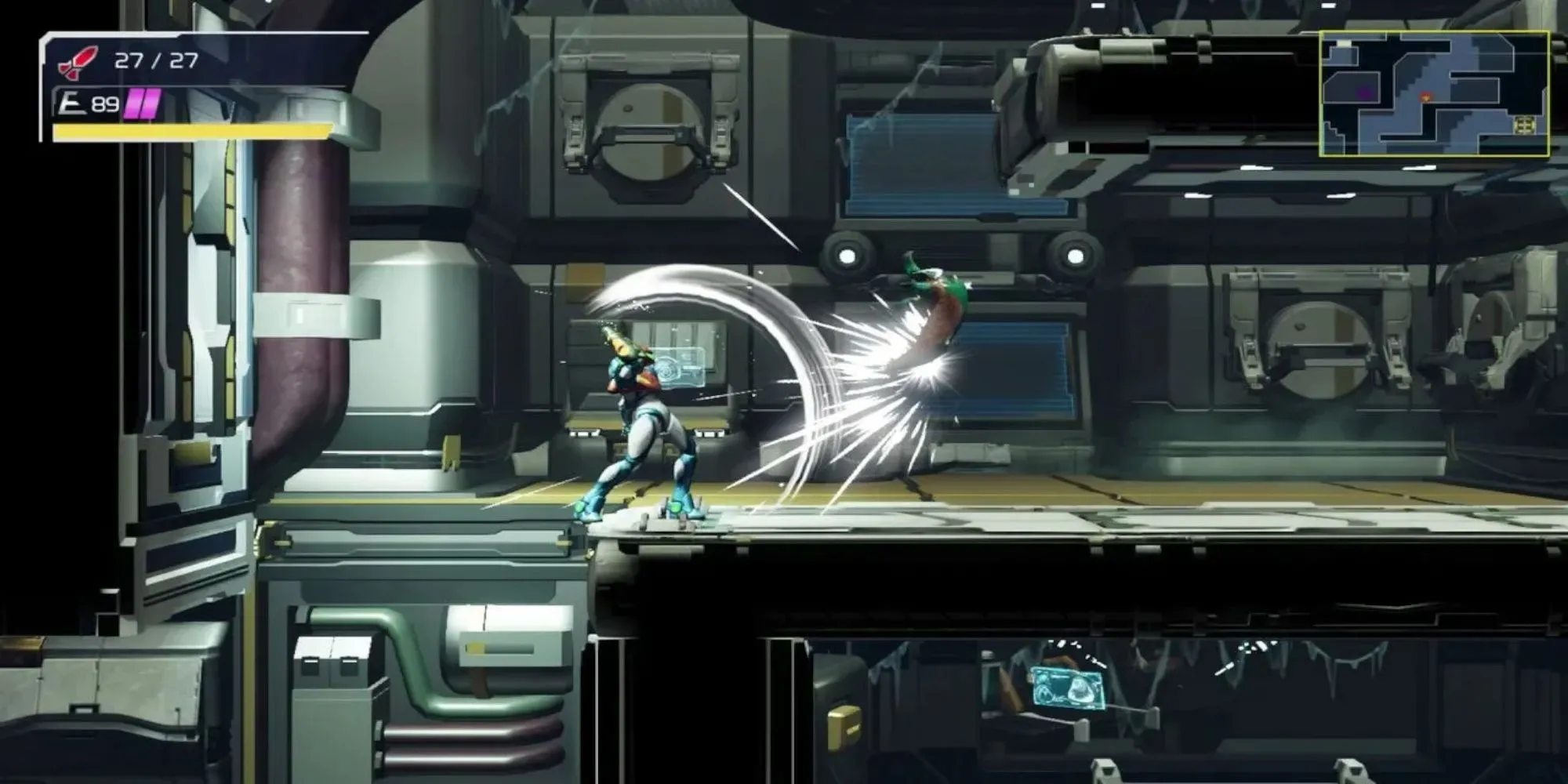 Samus Aran trong Metroid Dread với bộ giáp xanh hiện đại, chuẩn bị đối đầu hiểm nguy