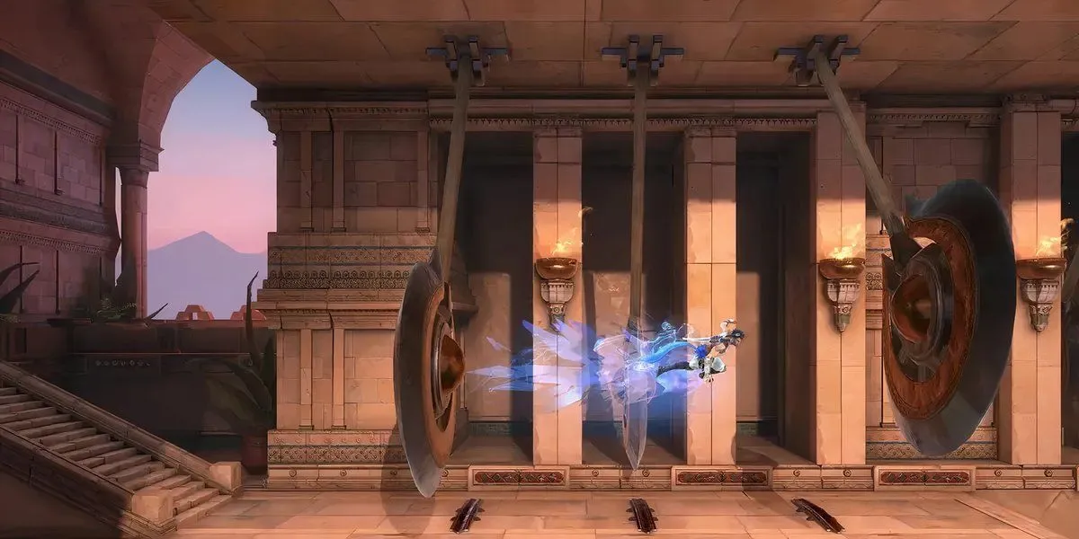 Sargon trong Prince of Persia: The Lost Crown đang thực hiện một pha hành động ngoạn mục giữa kiến trúc cổ đại