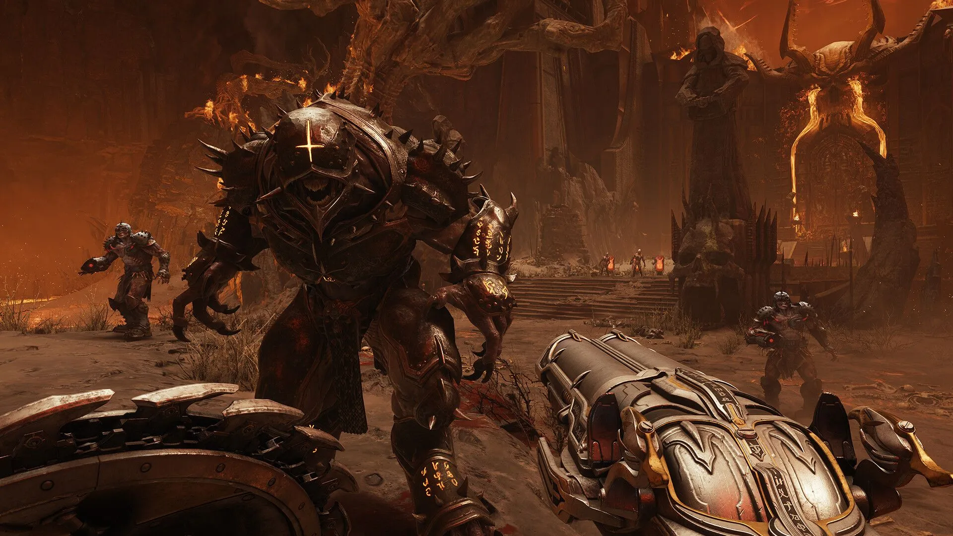 Screenshot gameplay DOOM The Dark Ages với nhân vật chính đang chiến đấu