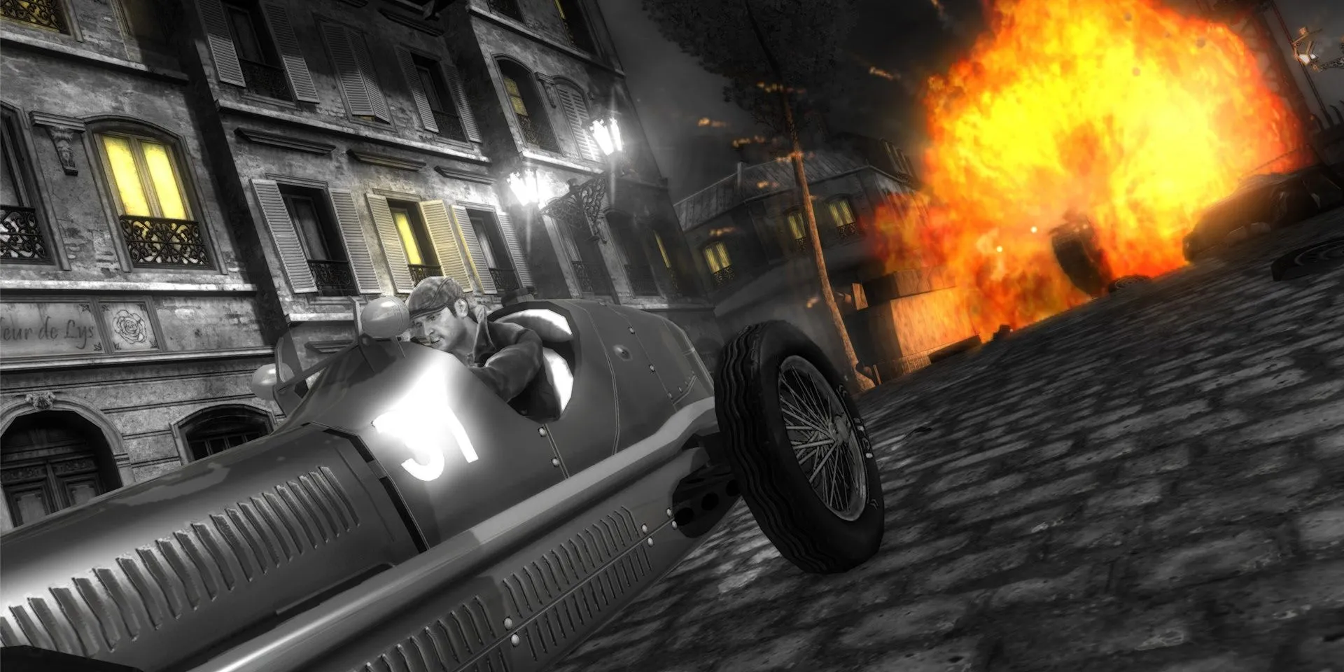 Sean lái xe thoát khỏi một vụ nổ lớn tại Paris trong The Saboteur