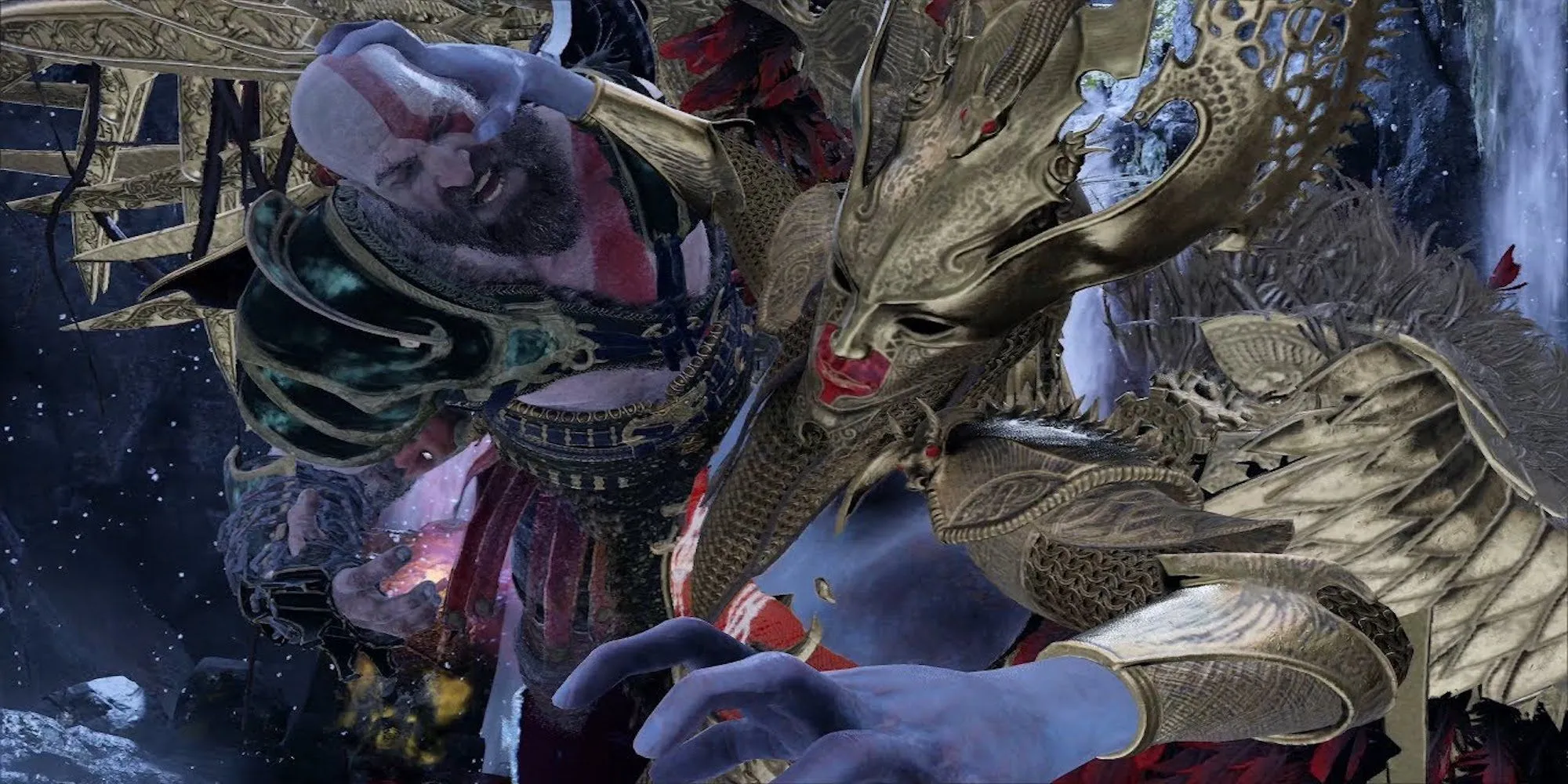 Sigrun, một Valkyrie trong God of War, đang túm lấy Kratos trong một trận chiến ác liệt