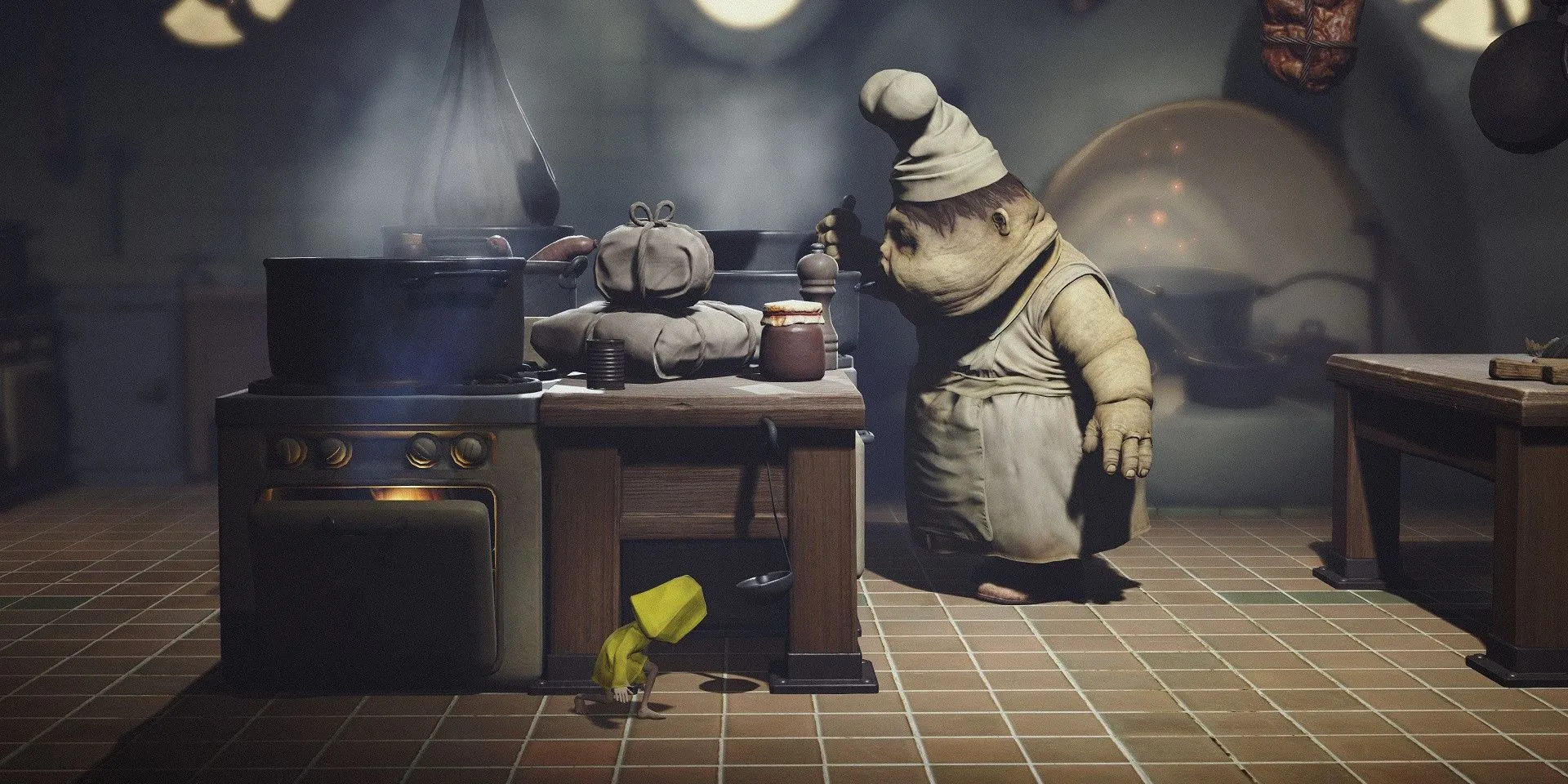 Six ẩn mình khỏi Đầu bếp trong Little Nightmares, một game kinh dị sinh tồn giải đố.