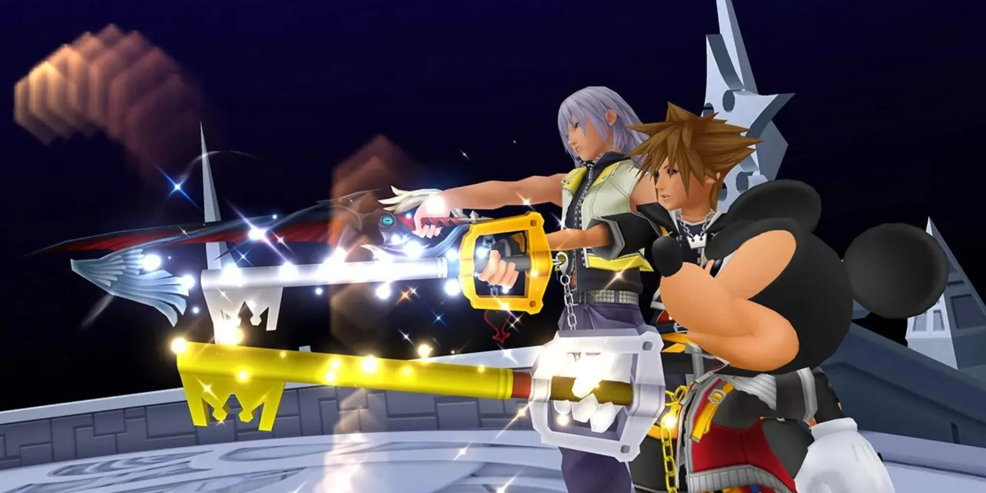 Sora, Riku và Vua Mickey cùng xuất hiện trong một cảnh cutscene đáng nhớ của Kingdom Hearts 2