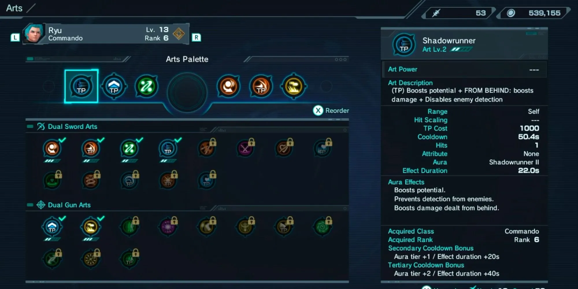Thanh Art Palette trong Xenoblade Chronicles X hiển thị các kỹ năng, bao gồm cả những kỹ năng tiêu tốn TP.