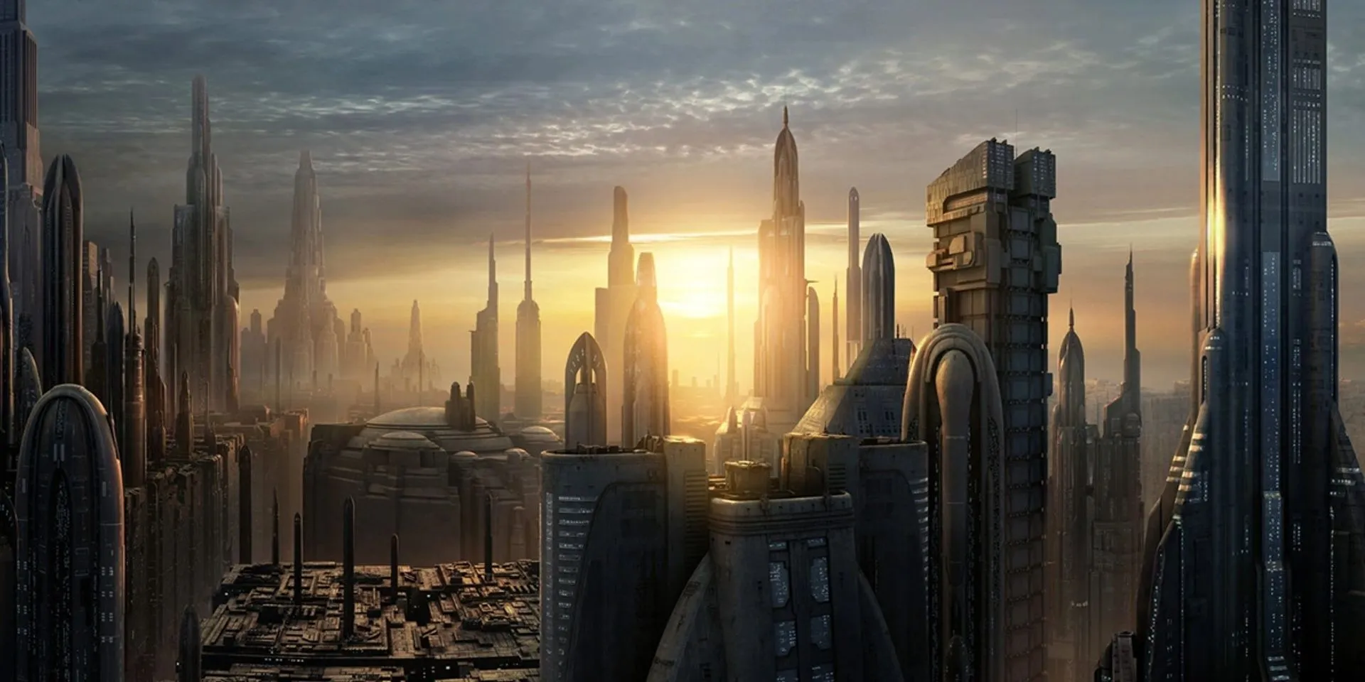 Thành phố Coruscant trong Star Wars với những tòa nhà chọc trời và phương tiện bay dày đặc.