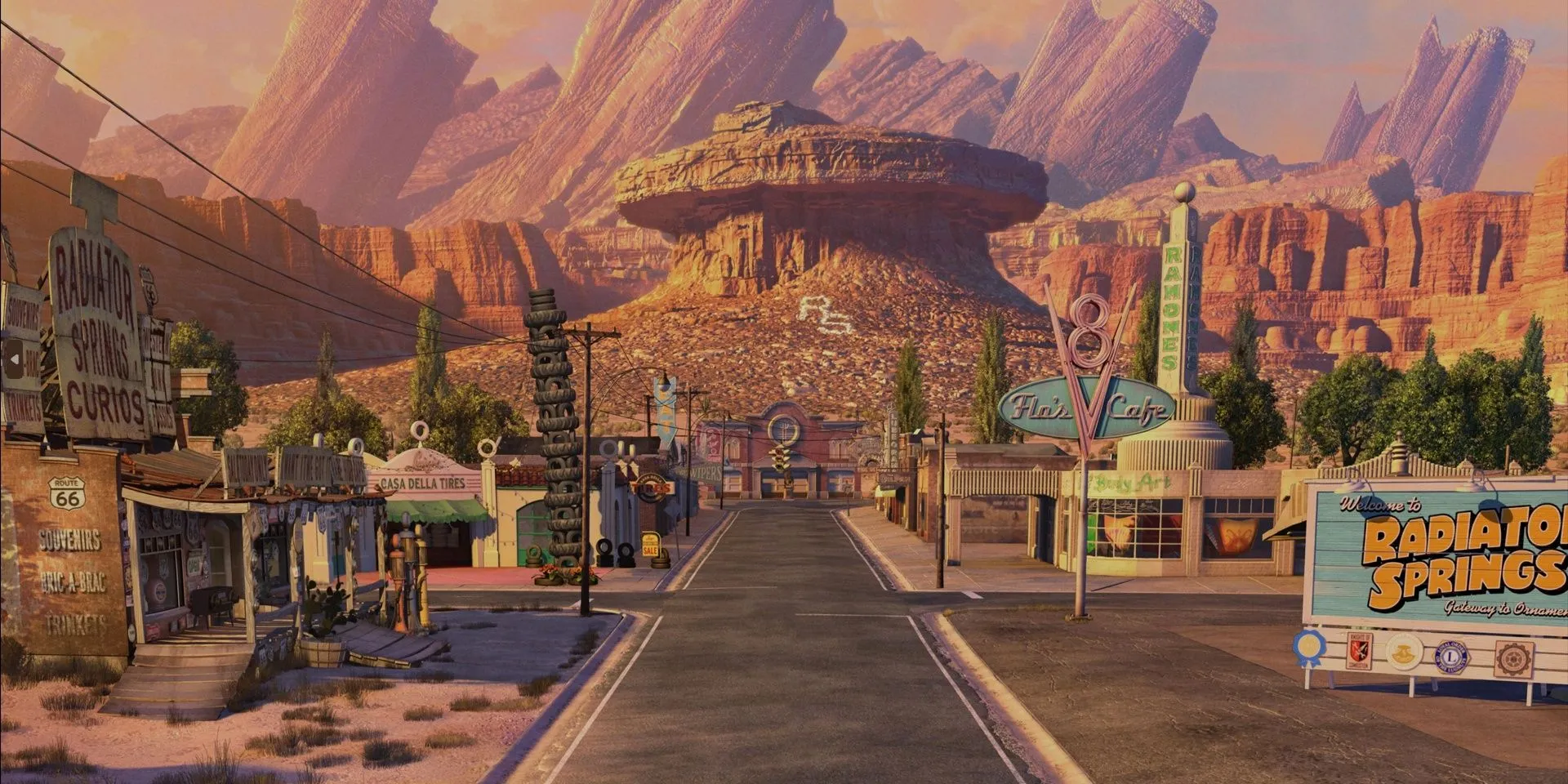 Thị trấn Radiator Springs trong phim Cars với các tòa nhà đặc trưng và những chiếc xe hơi hoạt hình.