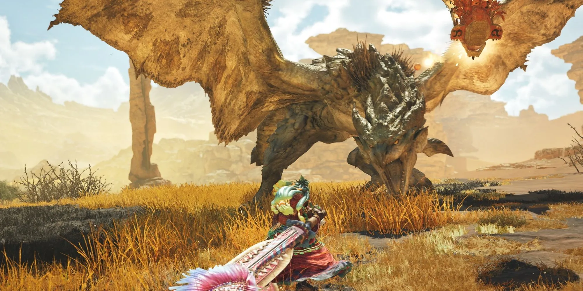 Thợ săn chiến đấu với Rathian trong Monster Hunter Wilds