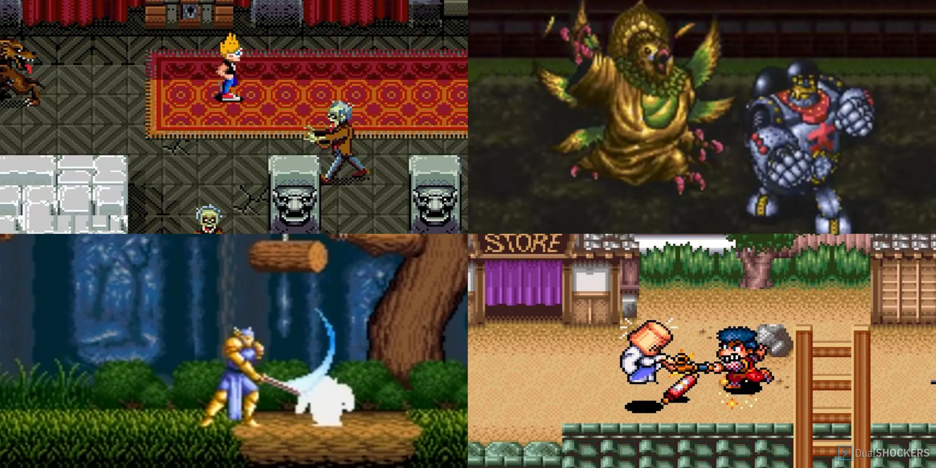 Top 10 Tựa Game SNES Kinh Điển Vẫn Giữ Vị Thế Cho Đến Nay 1 Tổng hợp ảnh bìa của một số game SNES kinh điển như Zombies Ate My Neighbors, ActRaiser, Mystical Ninja và Live A Live
