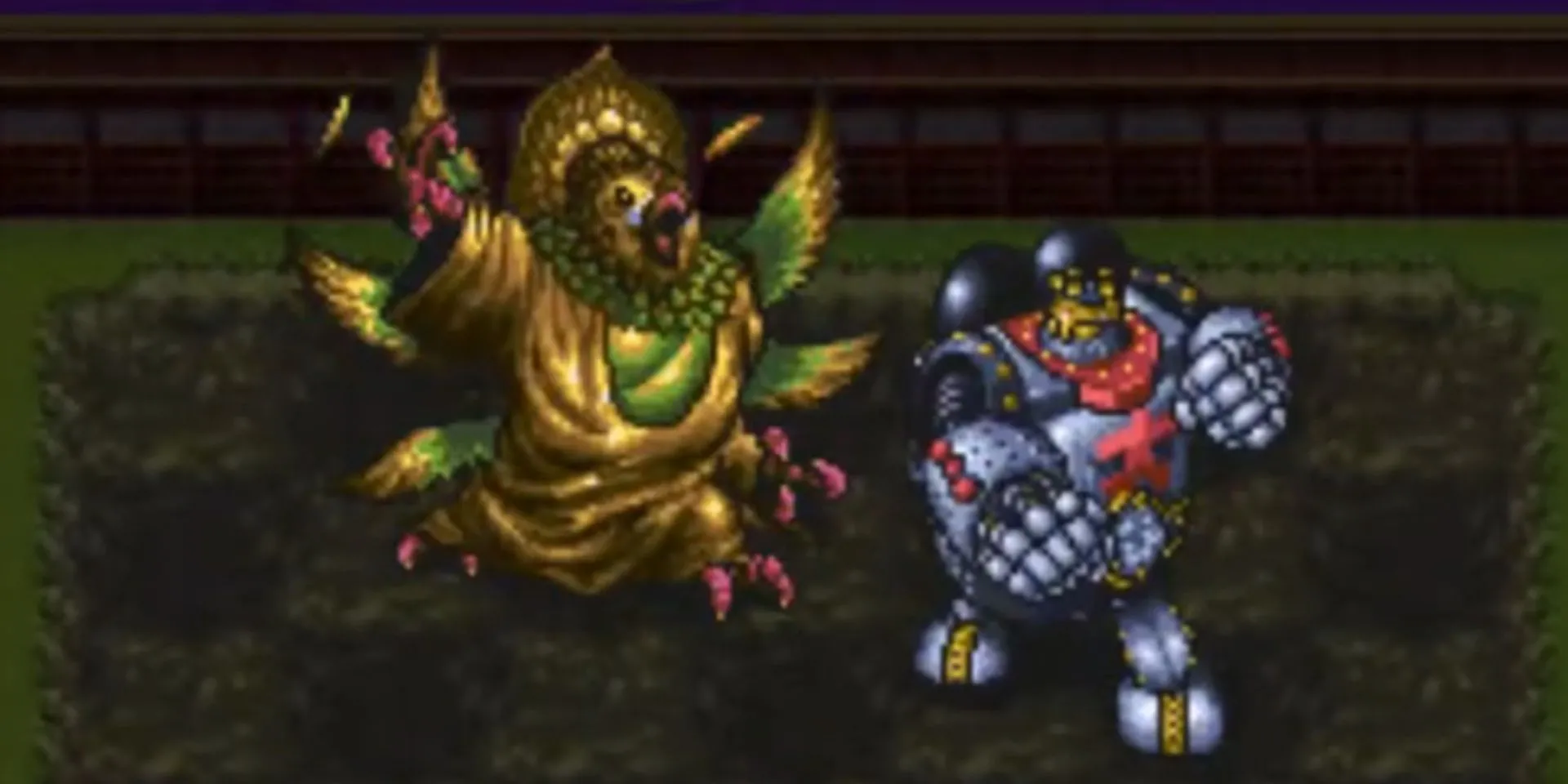 Trận chiến giữa Buriki Daioh và Great Inko trong game JRPG Live A Live trên SNES