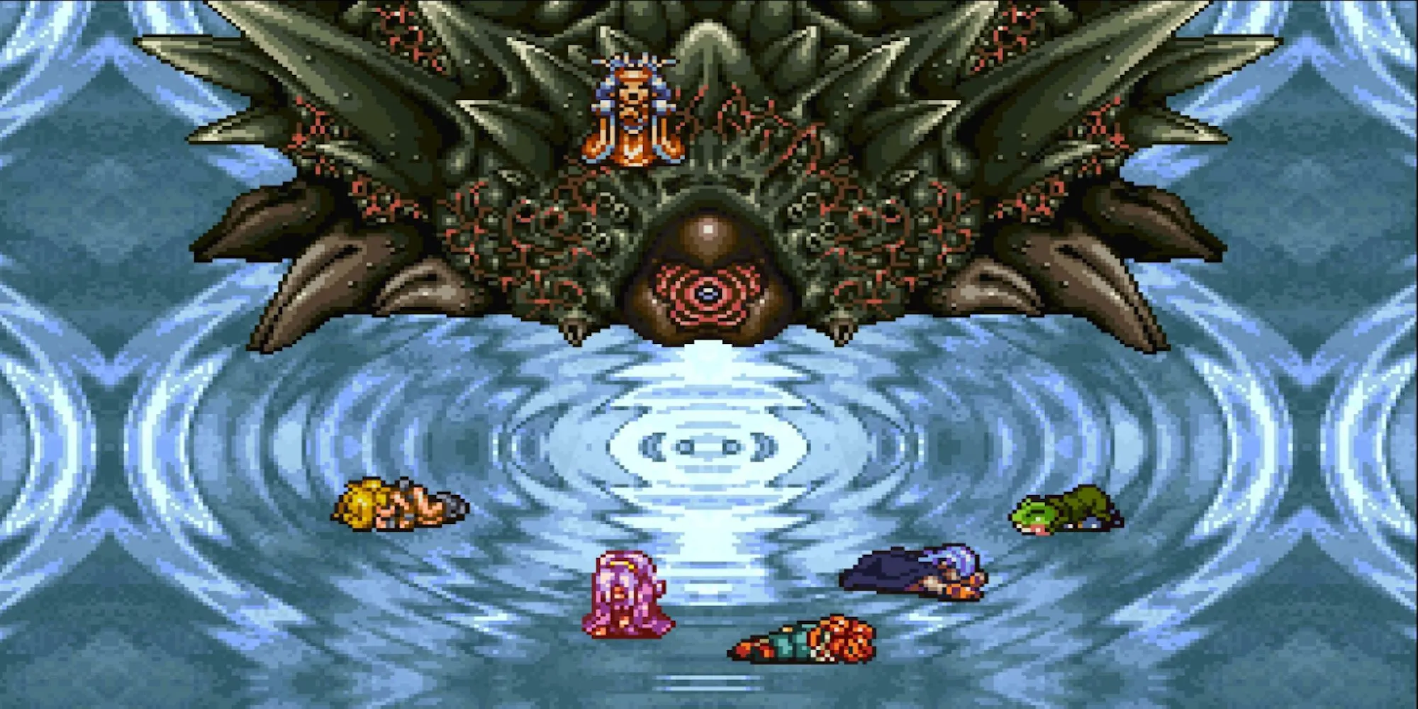 Trùm cuối Lavos đang đe dọa nhóm nhân vật trong Chrono Trigger, một cảnh tượng kinh điển của game JRPG
