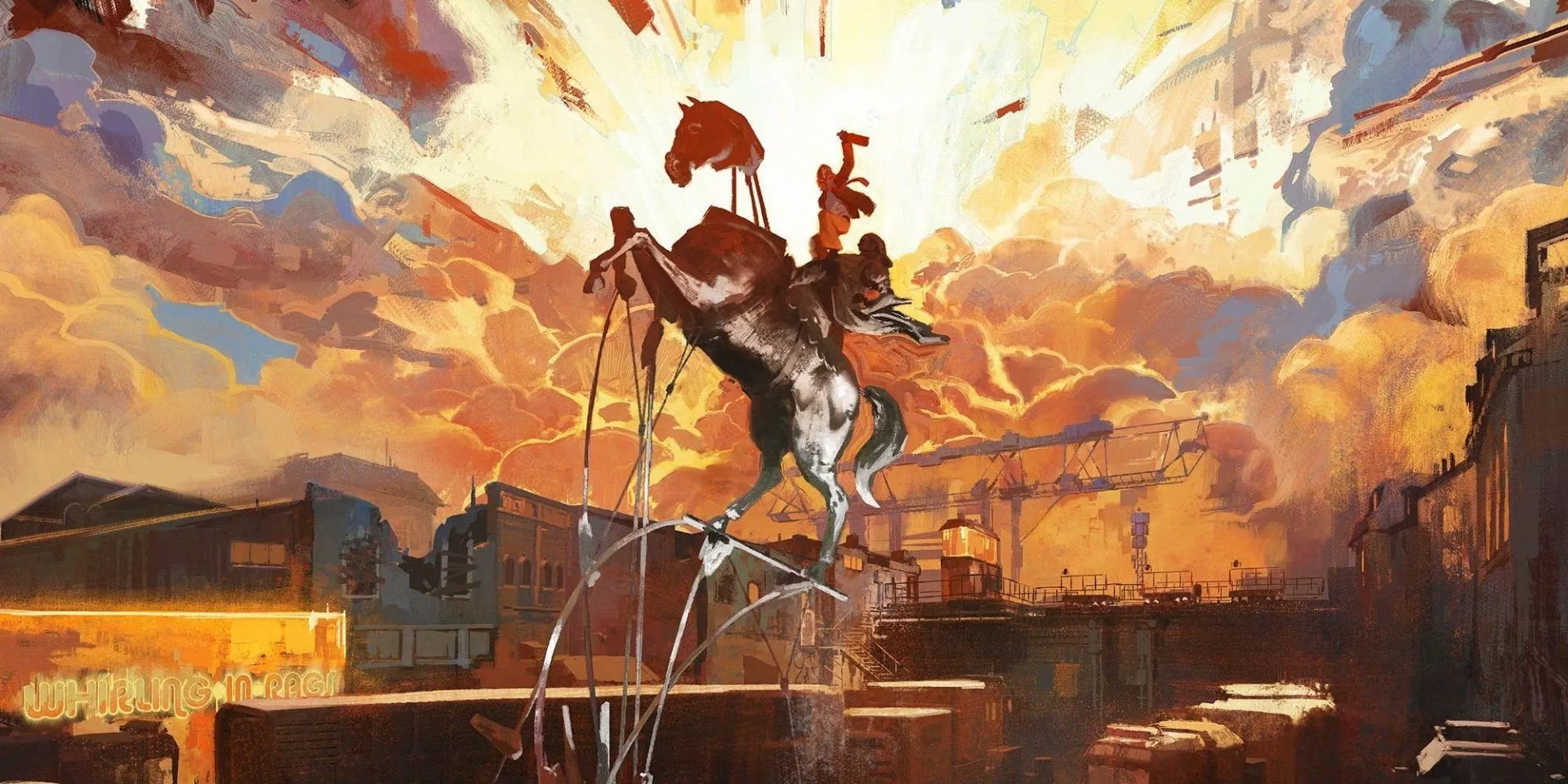 Tượng King Filippe III trong Disco Elysium, một bức tượng đã bị phá hủy được dựng lại dưới ánh hoàng hôn rực rỡ