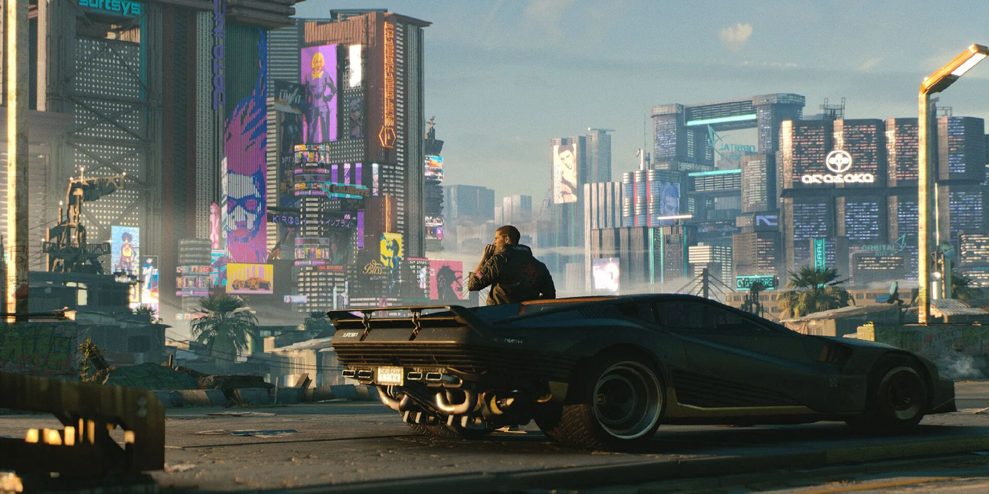 V ngồi một mình trong xe, phản ánh không khí Night City trong Cyberpunk 2077