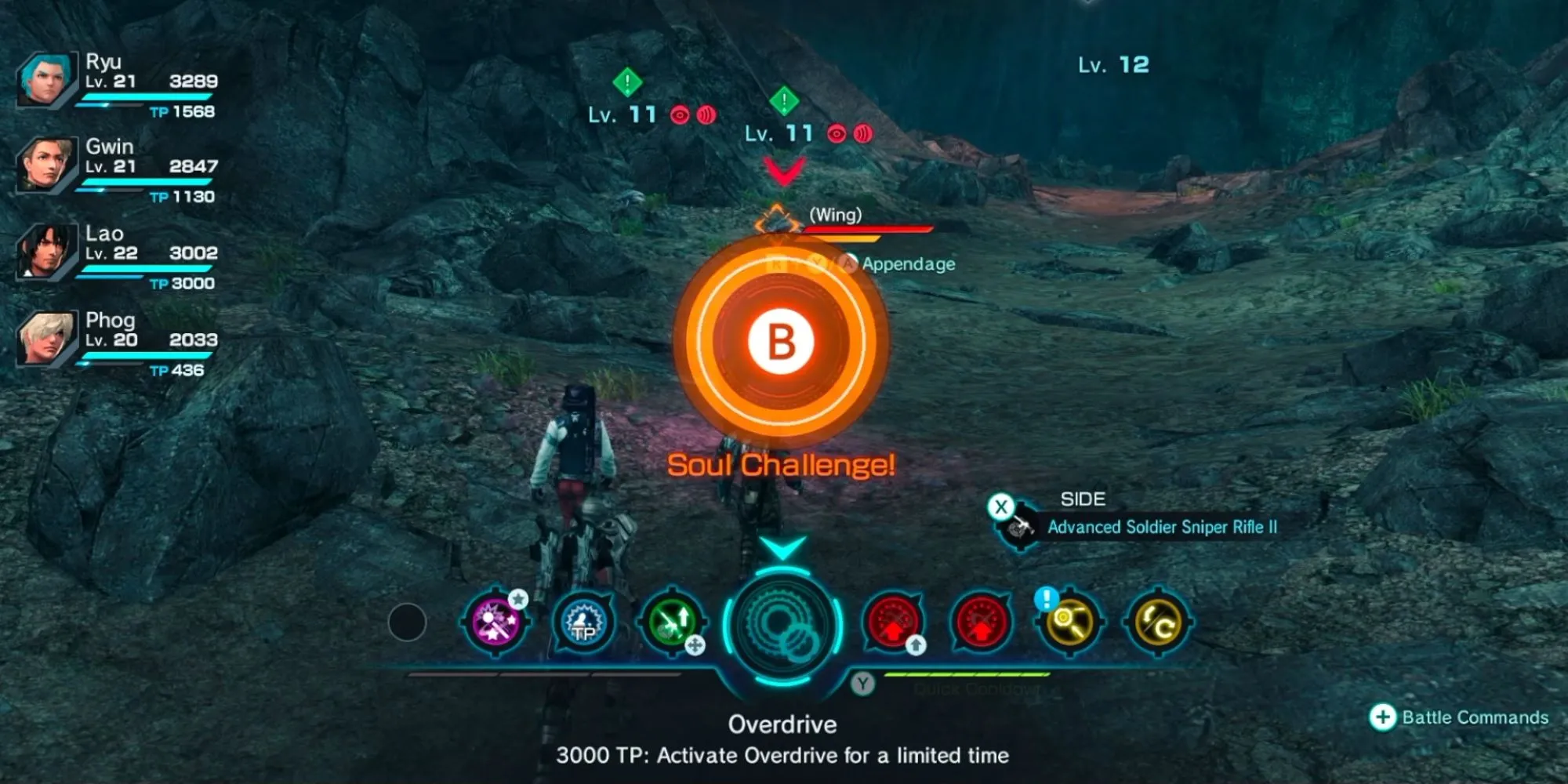 Vòng tròn màu cam của Soul Challenge xuất hiện giữa trận chiến trong Xenoblade Chronicles X