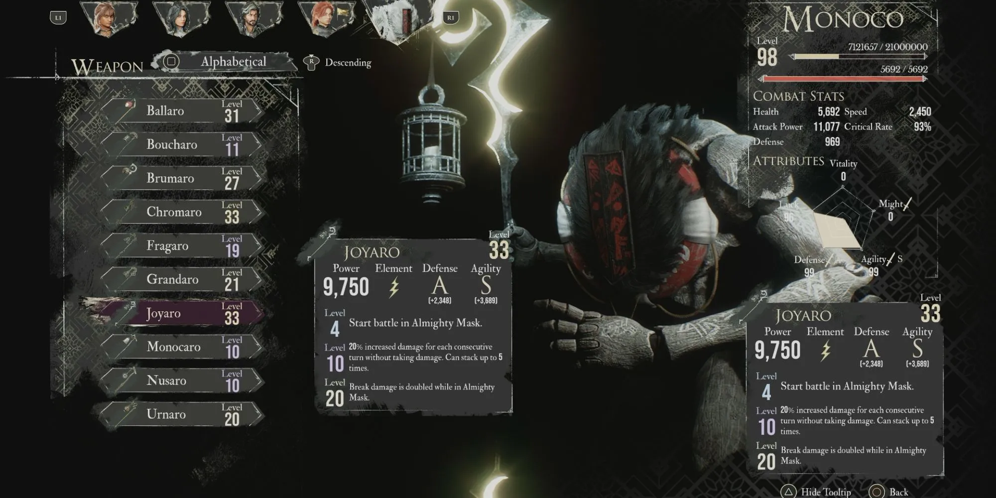 Vũ khí Joyaro, được xem là vũ khí mạnh nhất cho Monoco trong game Clair Obscur