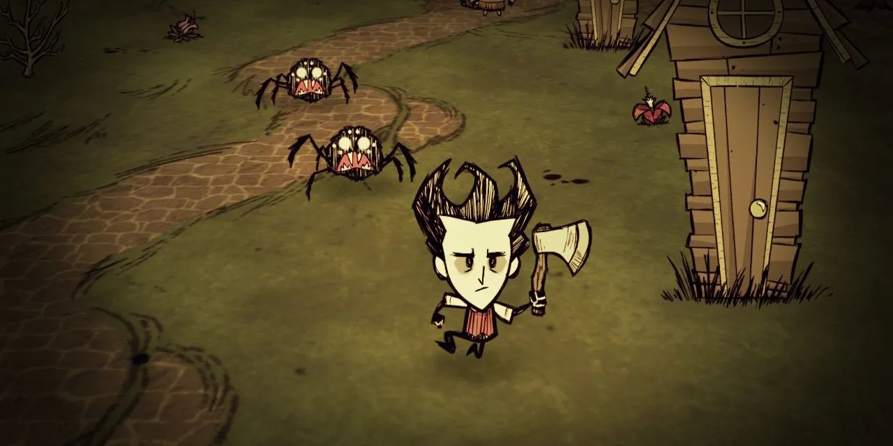 Wilson với cây rìu trong tựa game sinh tồn Don't Starve có đồ họa vẽ tay độc đáo.
