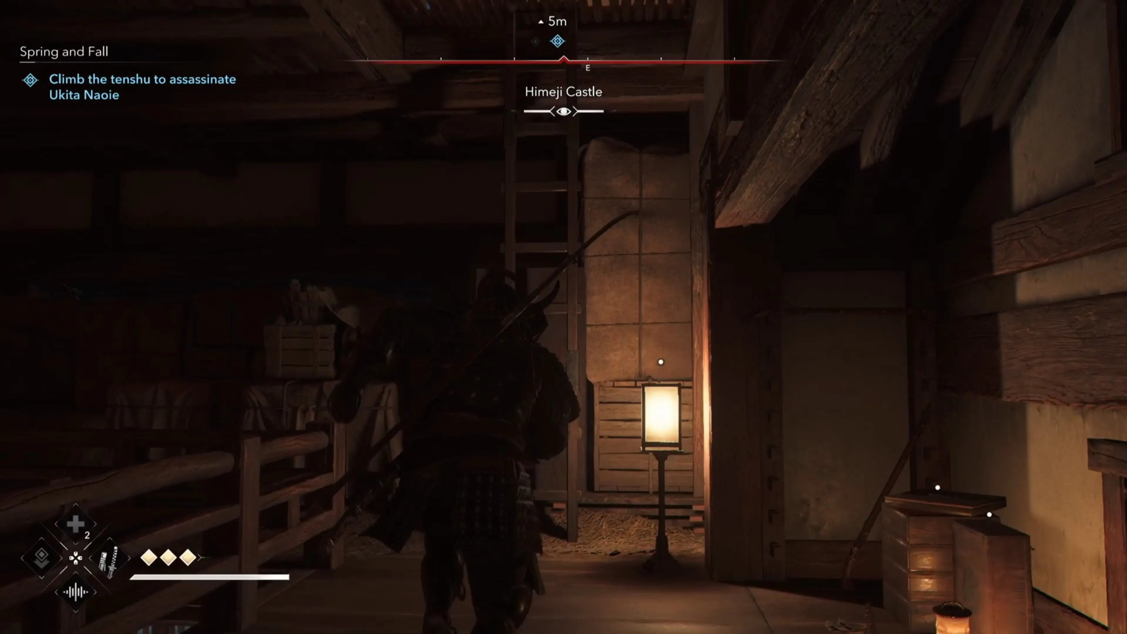 Yasuke đối mặt với Ukita Naoie trên đỉnh tháp tenshu trong Assassin's Creed Shadows