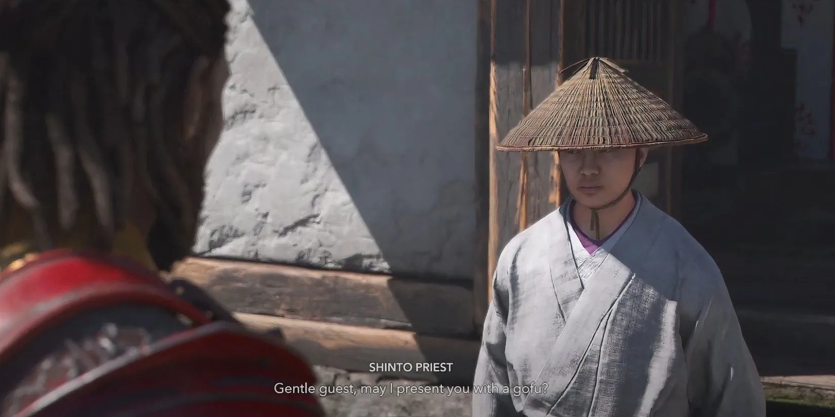 Yasuke thực hiện nghi thức thanh tẩy, nhận bùa Gofu tại đền Shirahige trong AC Shadows