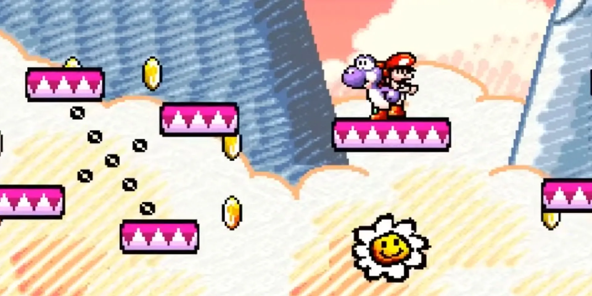 Yoshi đứng trên một nền tảng trong màn chơi đầy màu sắc của game Yoshi's Island