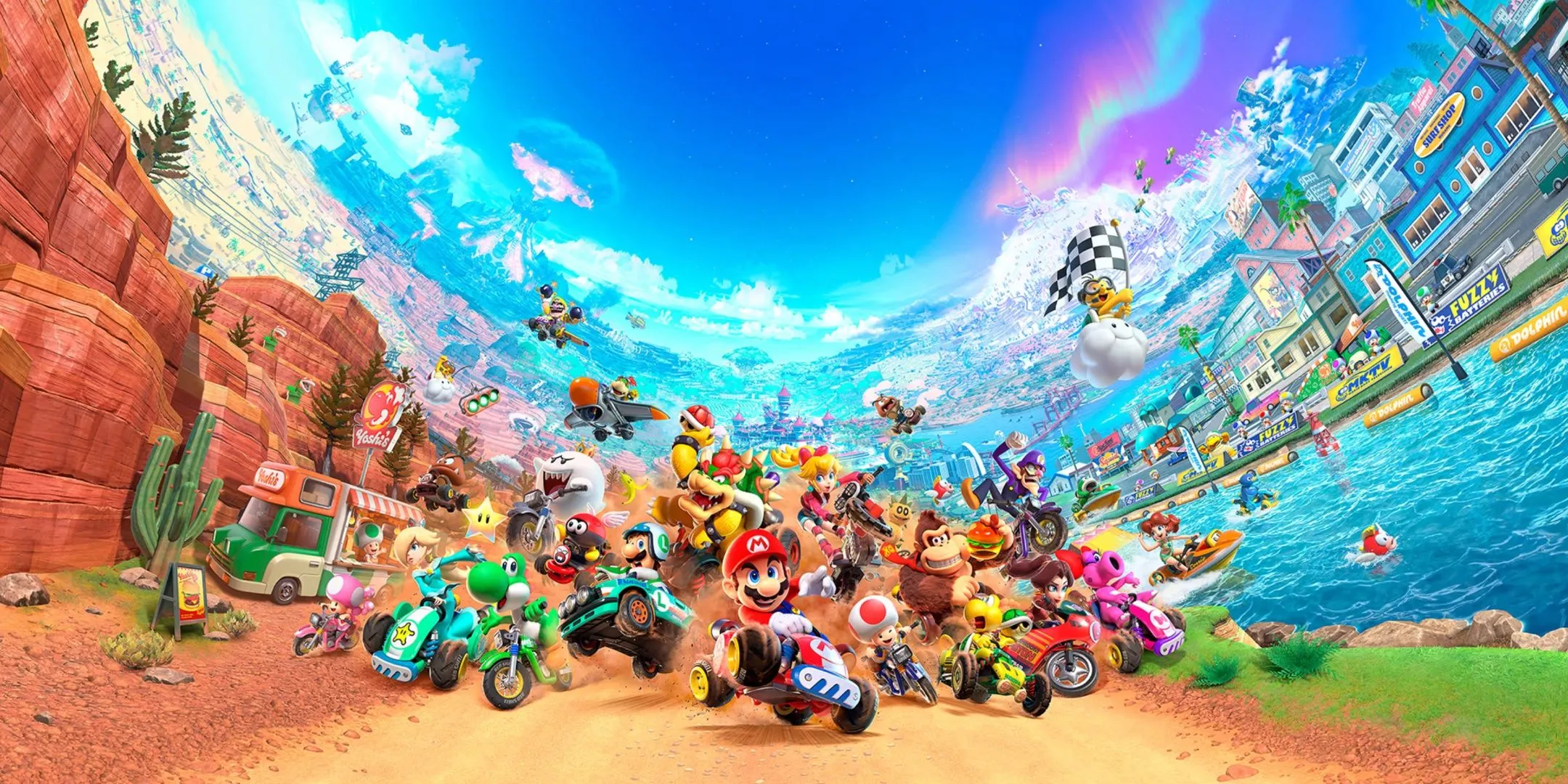 Ảnh bìa hoặc tổng hợp hình ảnh từ game Mario Kart World, giới thiệu phong cách và nhân vật
