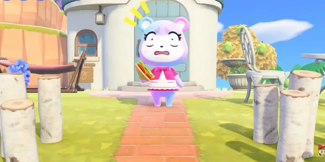 Cư dân Judy trong Animal Crossing New Horizons trông giật mình khi cầm bánh sandwich