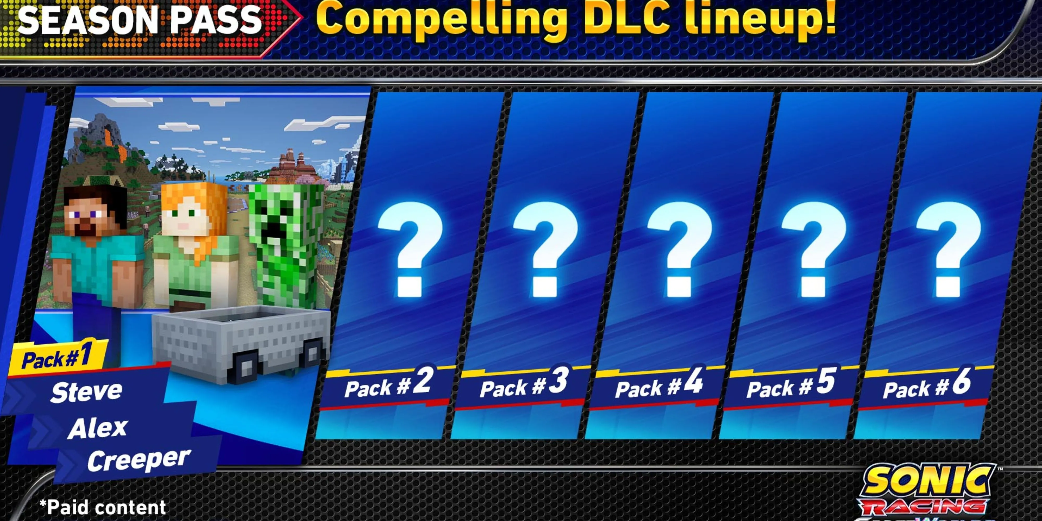 Giao diện giới thiệu các gói nội dung mở rộng (DLC) trong Season Pass của Sonic Racing CrossWorlds
