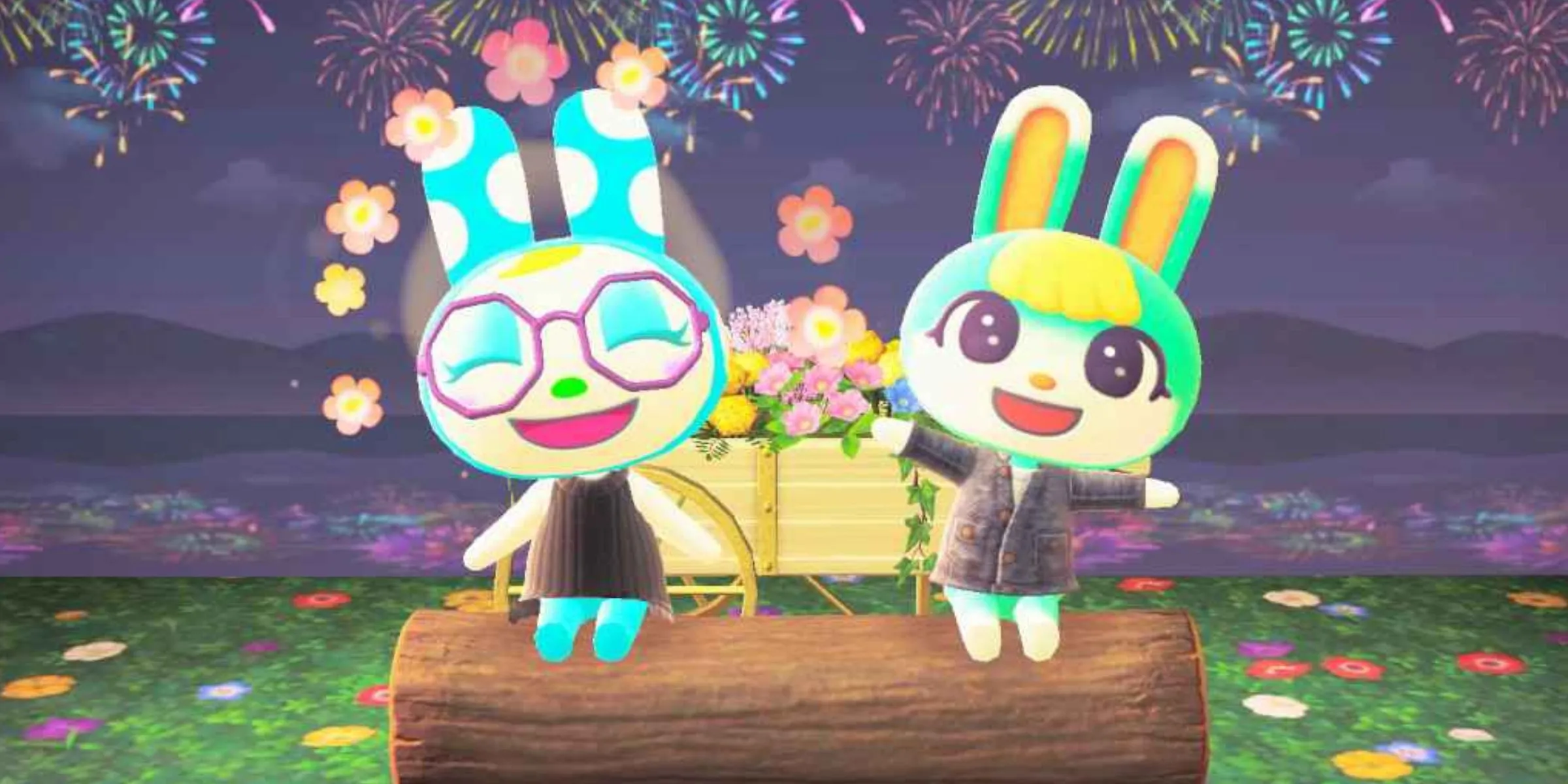Hai cư dân thỏ Sasha và Francine ngồi trên khúc gỗ trong phòng trang trí chủ đề lễ hội trong Animal Crossing New Horizons