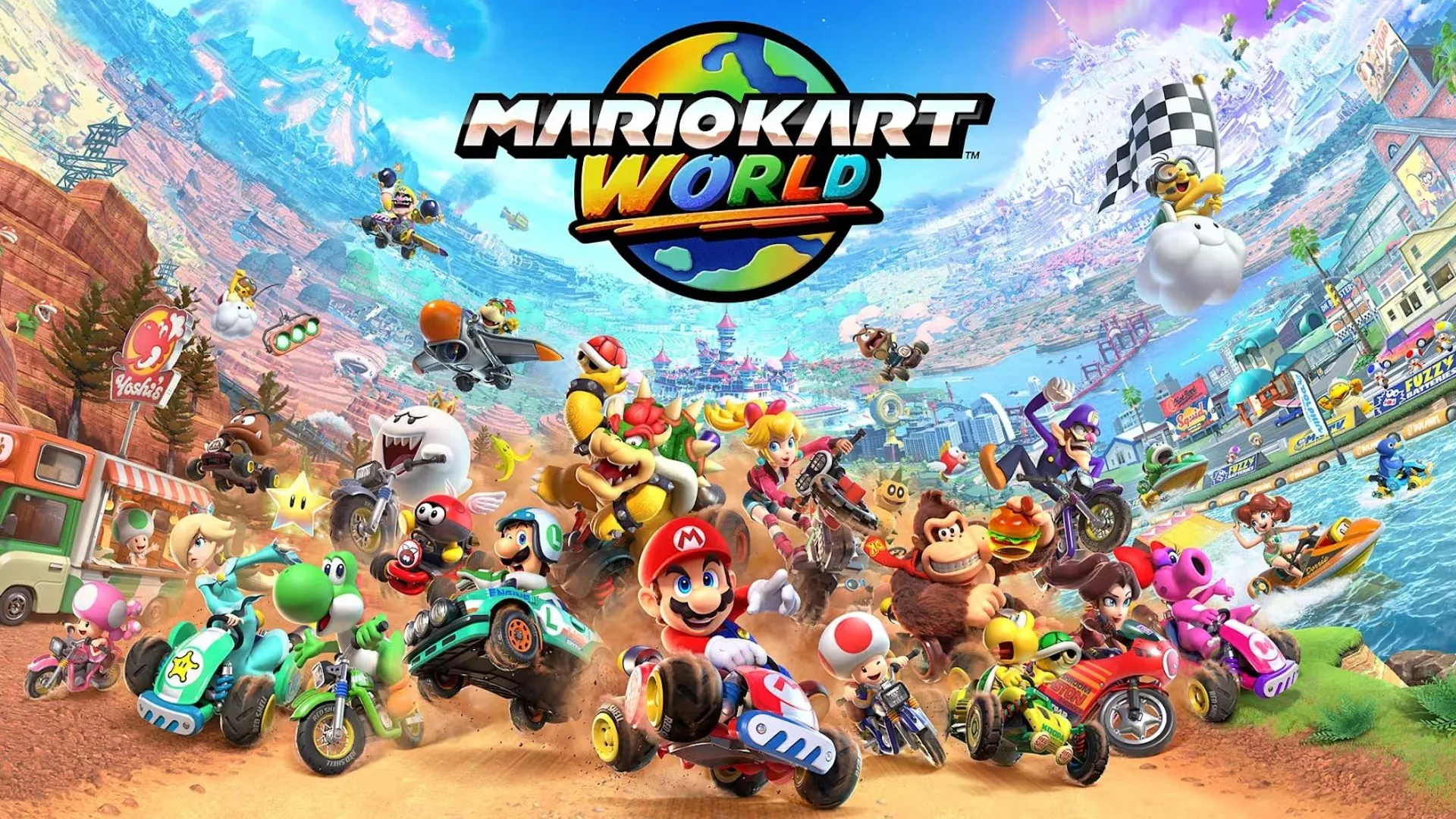 Hình ảnh đua xe trong game Mario Kart World, hiển thị đường đua và các tay đua Mario Kart