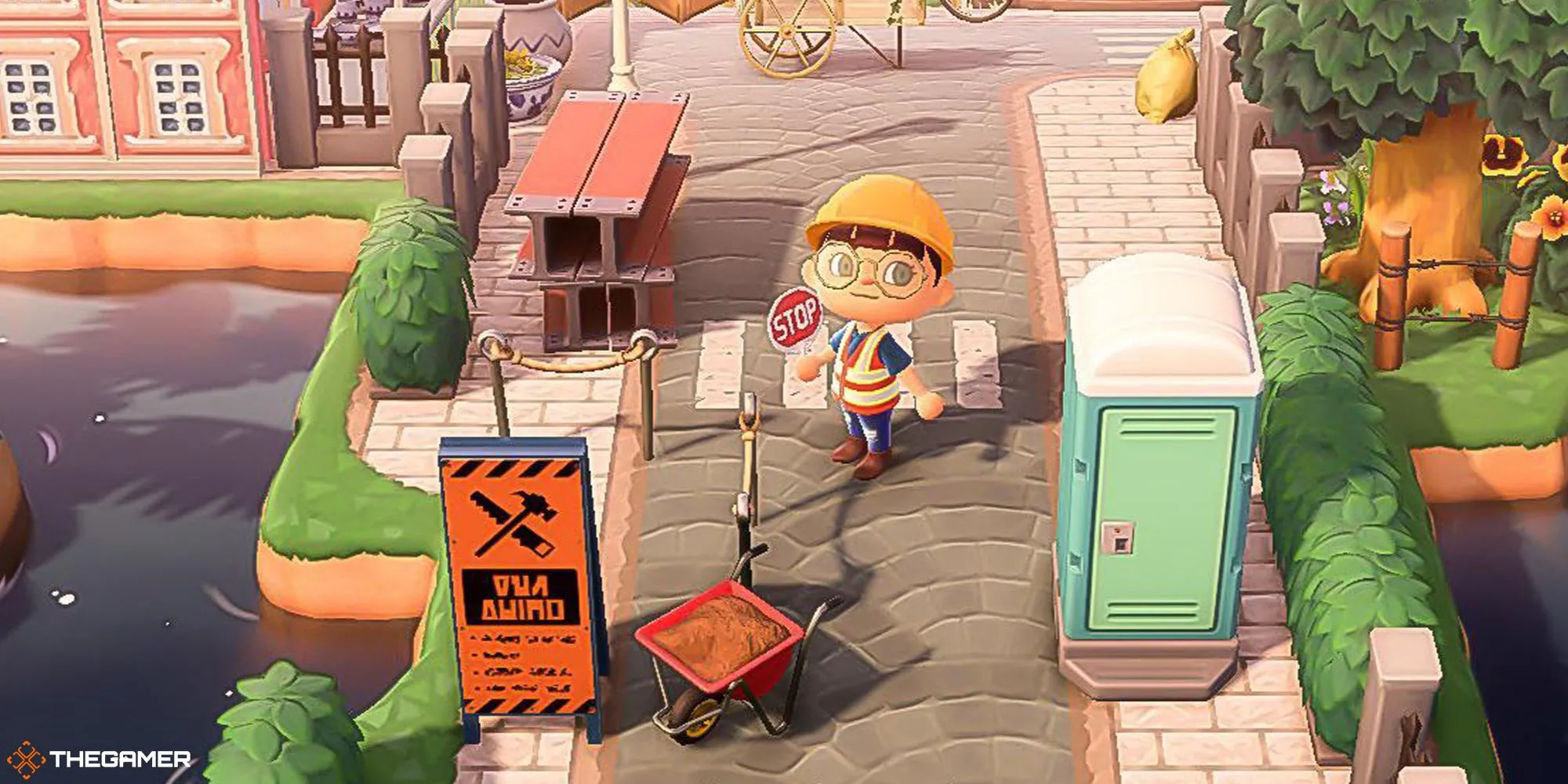 Người chơi Animal Crossing New Horizons đứng cạnh công trình đang xây dựng tại lối vào đảo