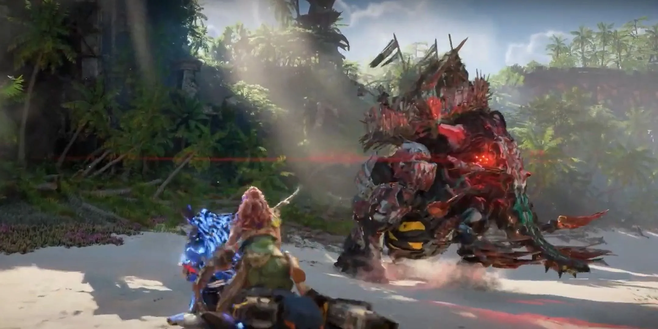 Aloy đối mặt với cỗ máy Tremortusk khổng lồ trong Horizon Forbidden West