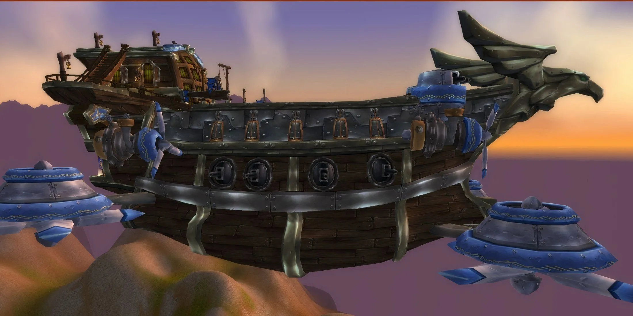 alt: Phi thuyền The Skyfire của phe Alliance sừng sững trên bầu trời, sẵn sàng cho nhiệm vụ khám phá Pandaria trong World of Warcraft.