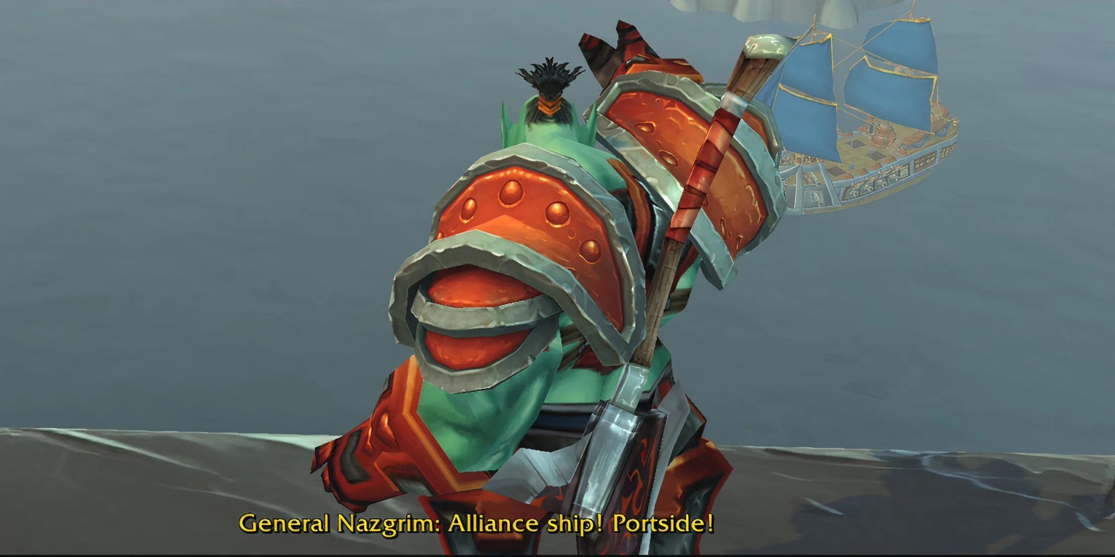 alt: Tướng quân Nazgrim của phe Horde đang dẫn dắt quân đội trong World of Warcraft: Mists of Pandaria, chuẩn bị cho cuộc đổ bộ.