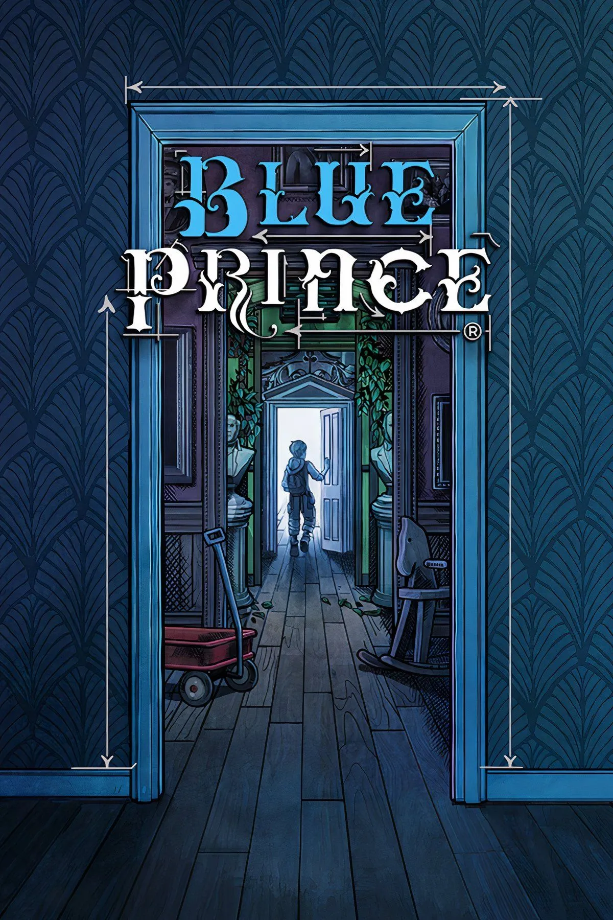 Ảnh bìa game Blue Prince với kiến trúc bí ẩn và ánh sáng xanh, thể hiện không khí game giải đố roguelike
