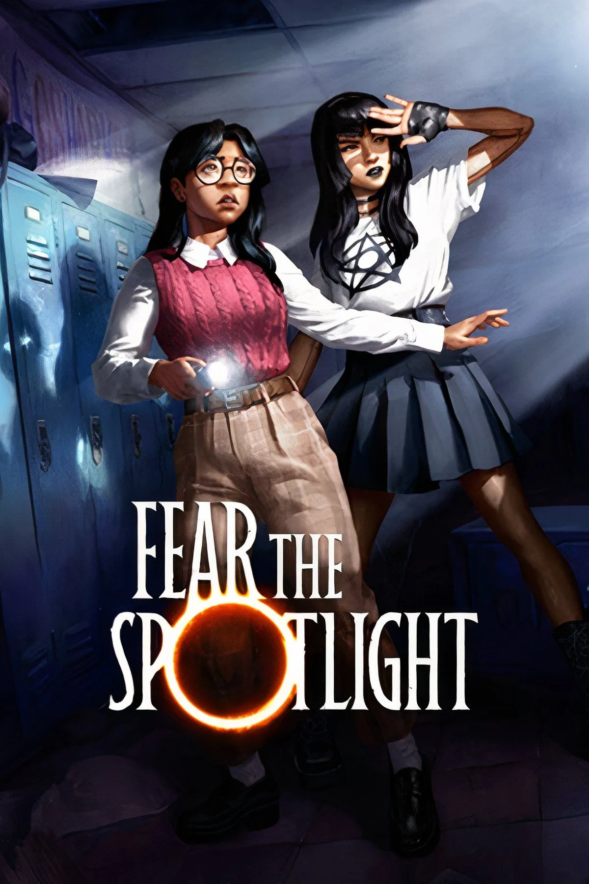Ảnh bìa game kinh dị Fear the Spotlight, một cô gái trẻ đang ẩn nấp trong không gian tối tăm với ánh đèn sân khấu ma quái